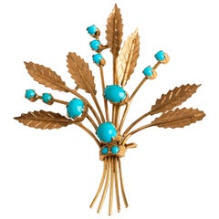 Wonderful Antique Turquoise and Gold Floral Spray Brooch, 15 Carat Yellow Gold