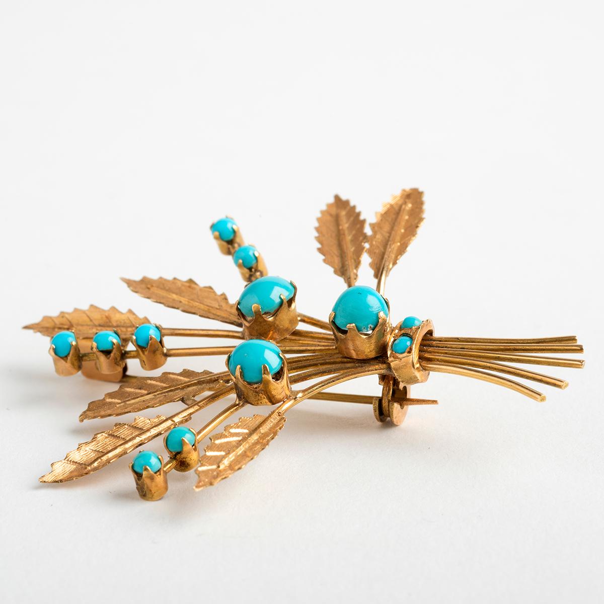 Wonderful Antique Turquoise and Gold Floral Spray Brooch, 15 Carat Yellow Gold In Good Condition In Canterbury, GB