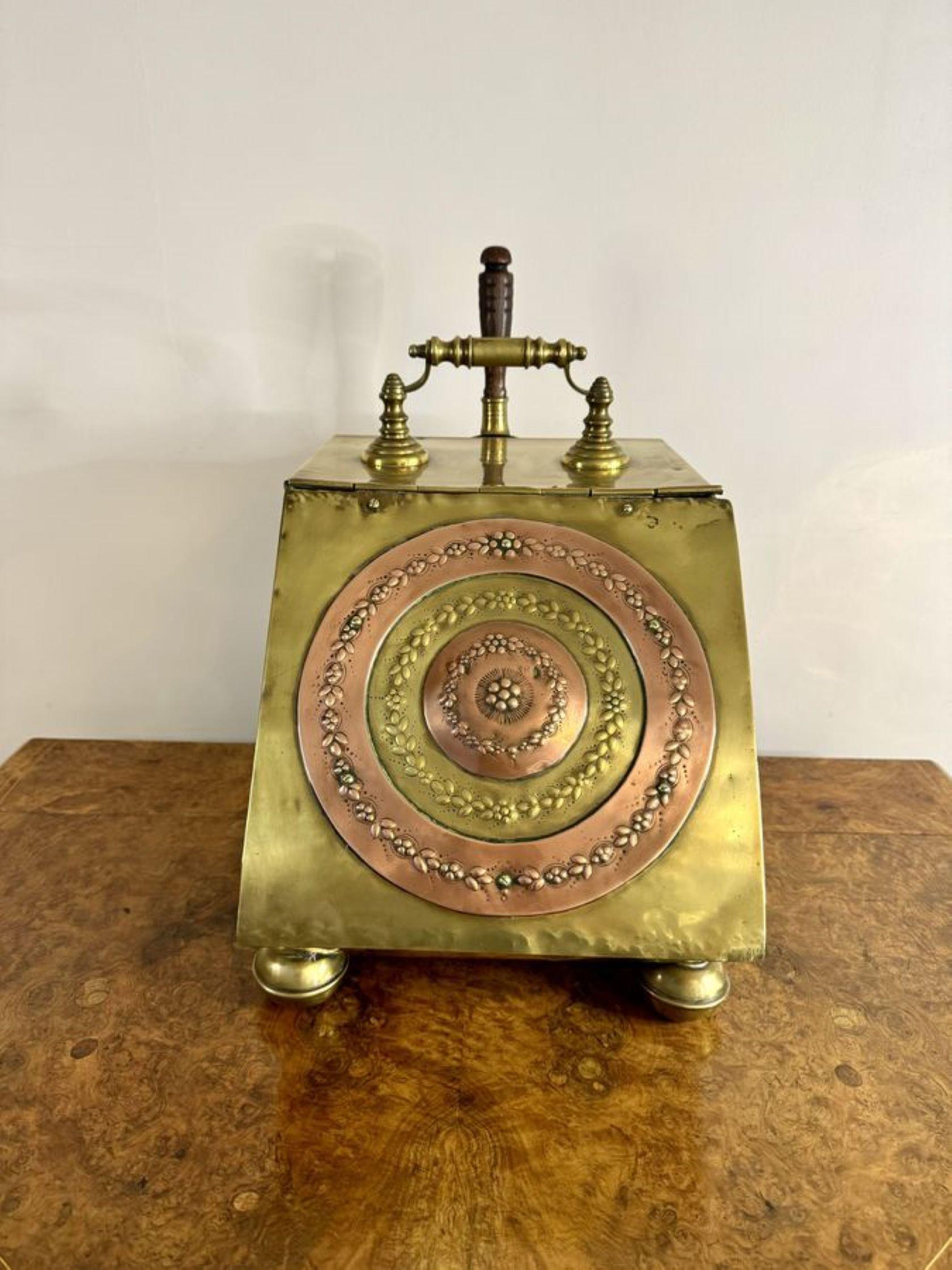 19th Century Wonderful antique Victorian brass and copper coal box For Sale