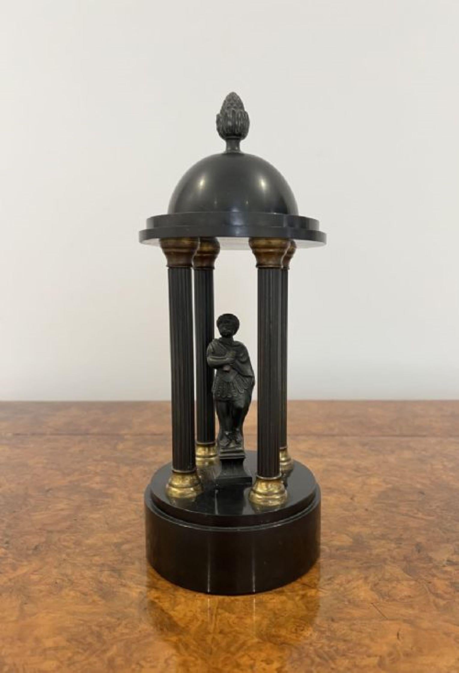 Wonderful Antique Victorian quality eight day movement marble clock set, having a black marble case with four reeded columns, a dome top, round enamel brass dial with original hands & eight day movement along with a quality pair of side figures