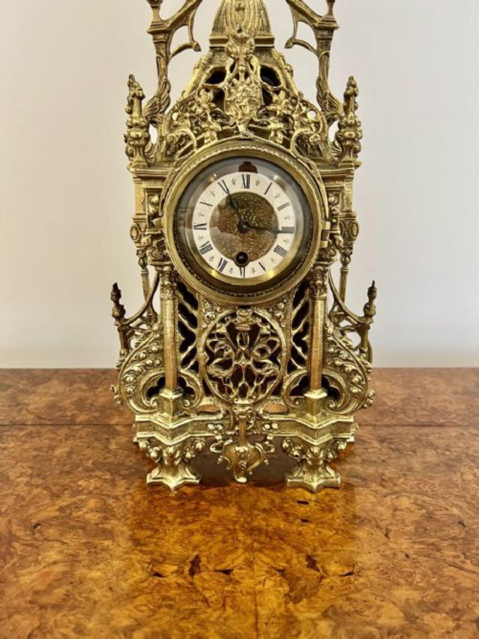 Wonderful antique Victorian quality ornate brass mantle clock having a quality ornate brass case, with a circular dial and Roman numerals, original hands an an eight day movement having the original key
Please note all of our clocks are serviced
