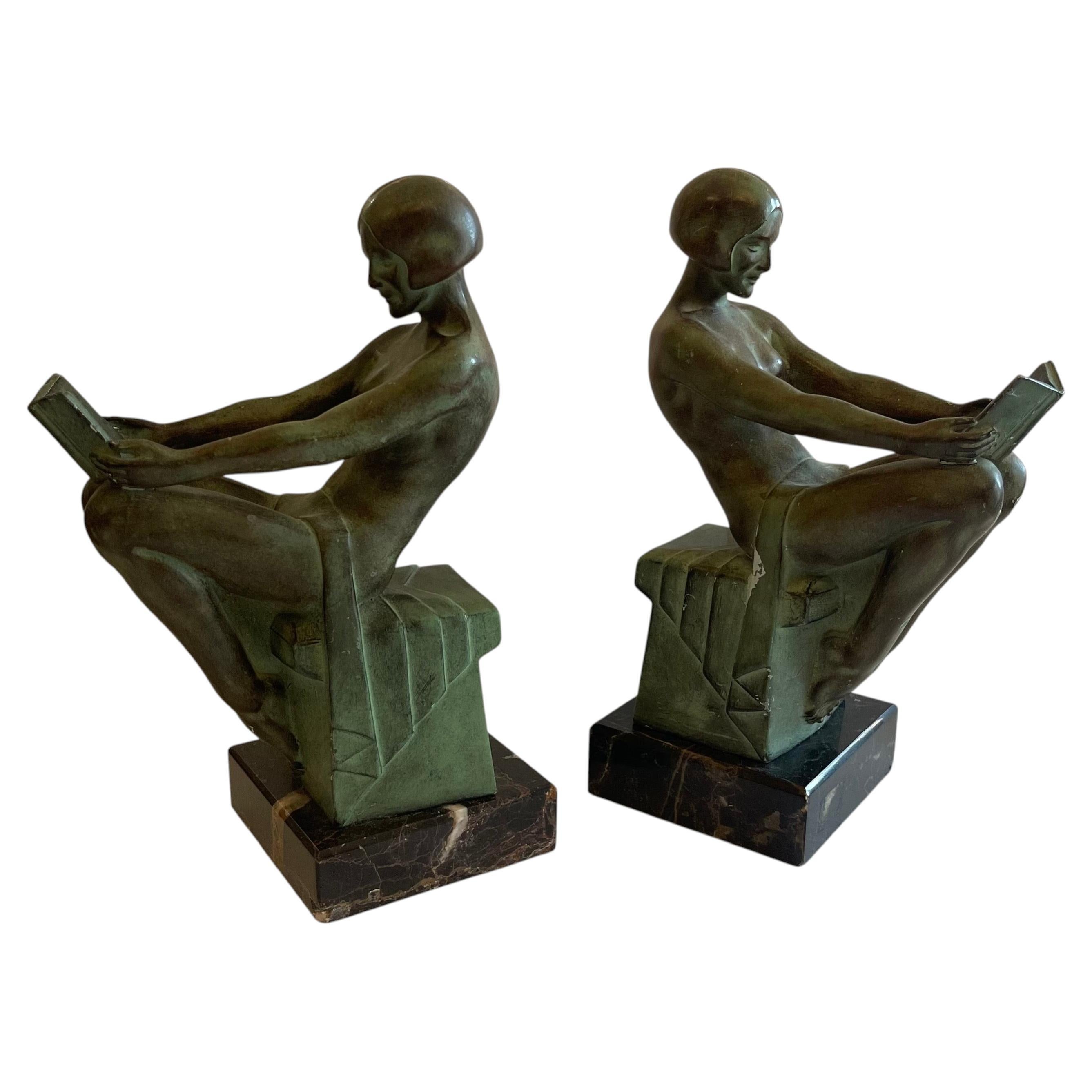 Wonderful Art Deco Bronze Bookends Reading Nudes Delassement Max Le Verrier
