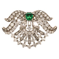 Vintage Wonderful Art Deco Clip in Platinum 950 Set with Emerald and Diamonds