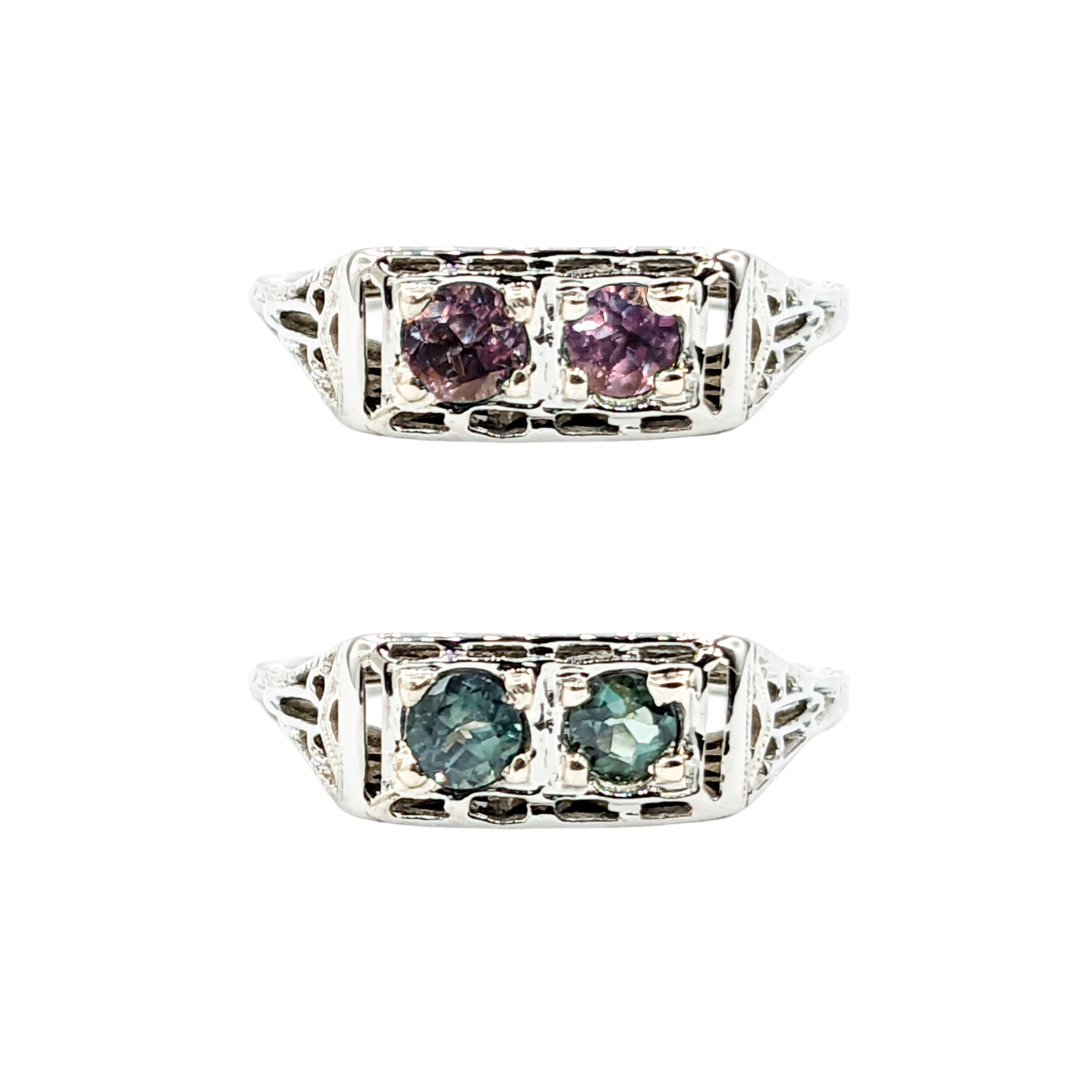 Wonderful Art Deco Color Change Alexandrite Ring in 18Kt White Gold

Introducing this beautiful custom alexandrite ring, masterfully crafted in 18kt White Gold filigree .The highlight of this piece is a pair of color change alexandrite stones