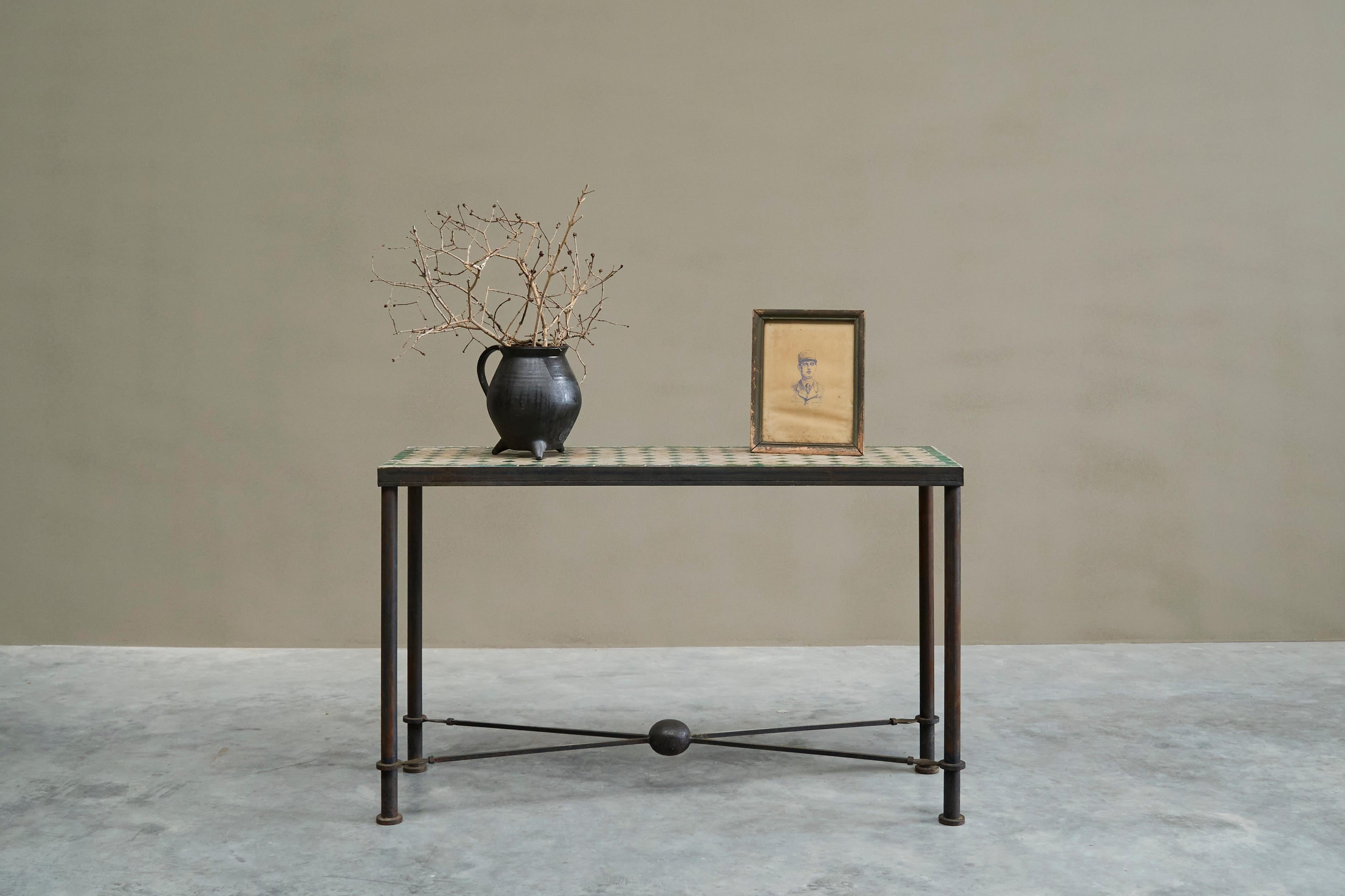 Wonderful Art Deco Console Table in Patinated Iron and Tiles 1940s For Sale 8