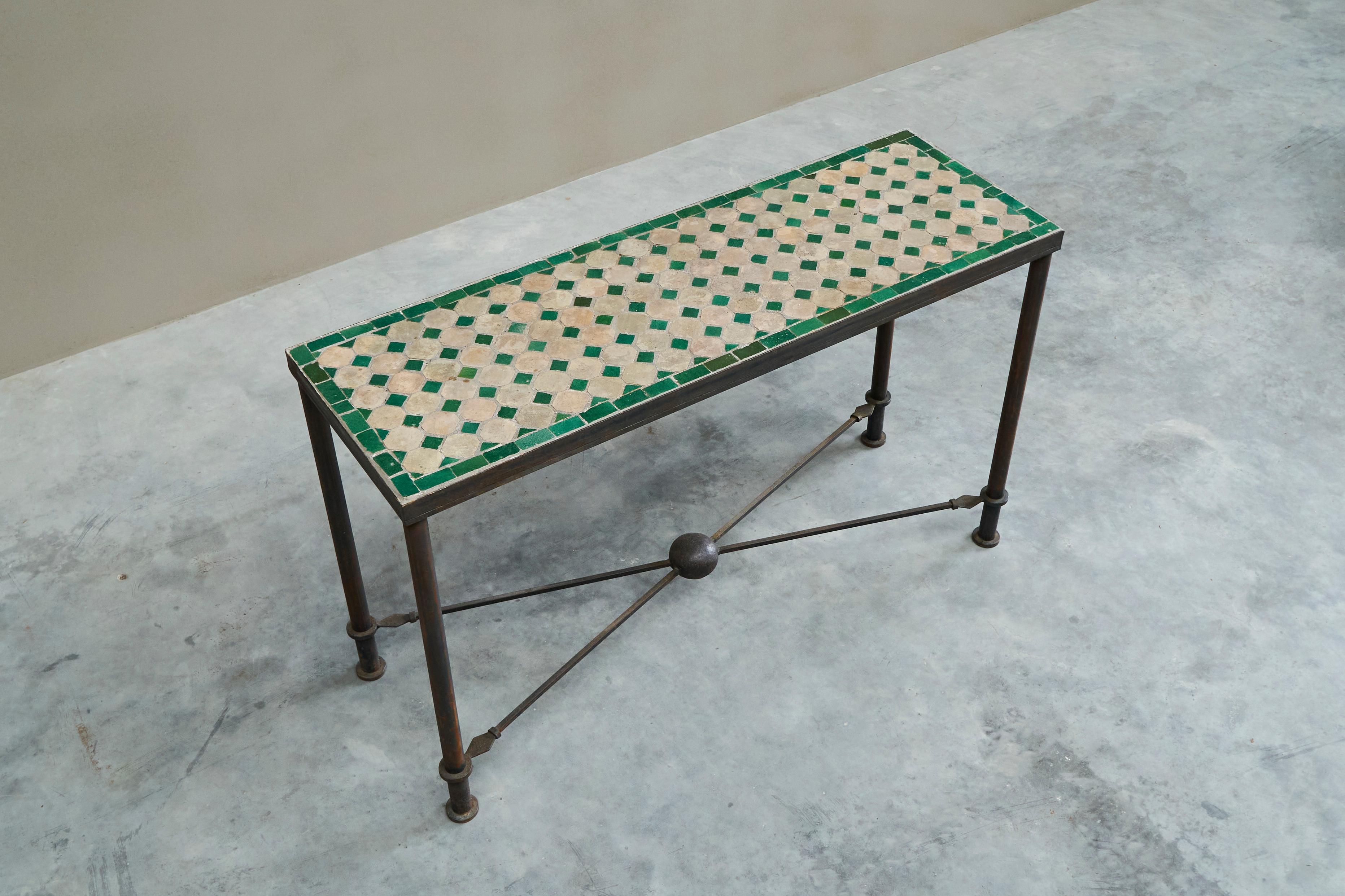 European Wonderful Art Deco Console Table in Patinated Iron and Tiles 1940s For Sale