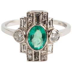 Wonderful "Art Deco" Diamond '.60 Carat' and Oval Emerald '.70 Carat' Ring