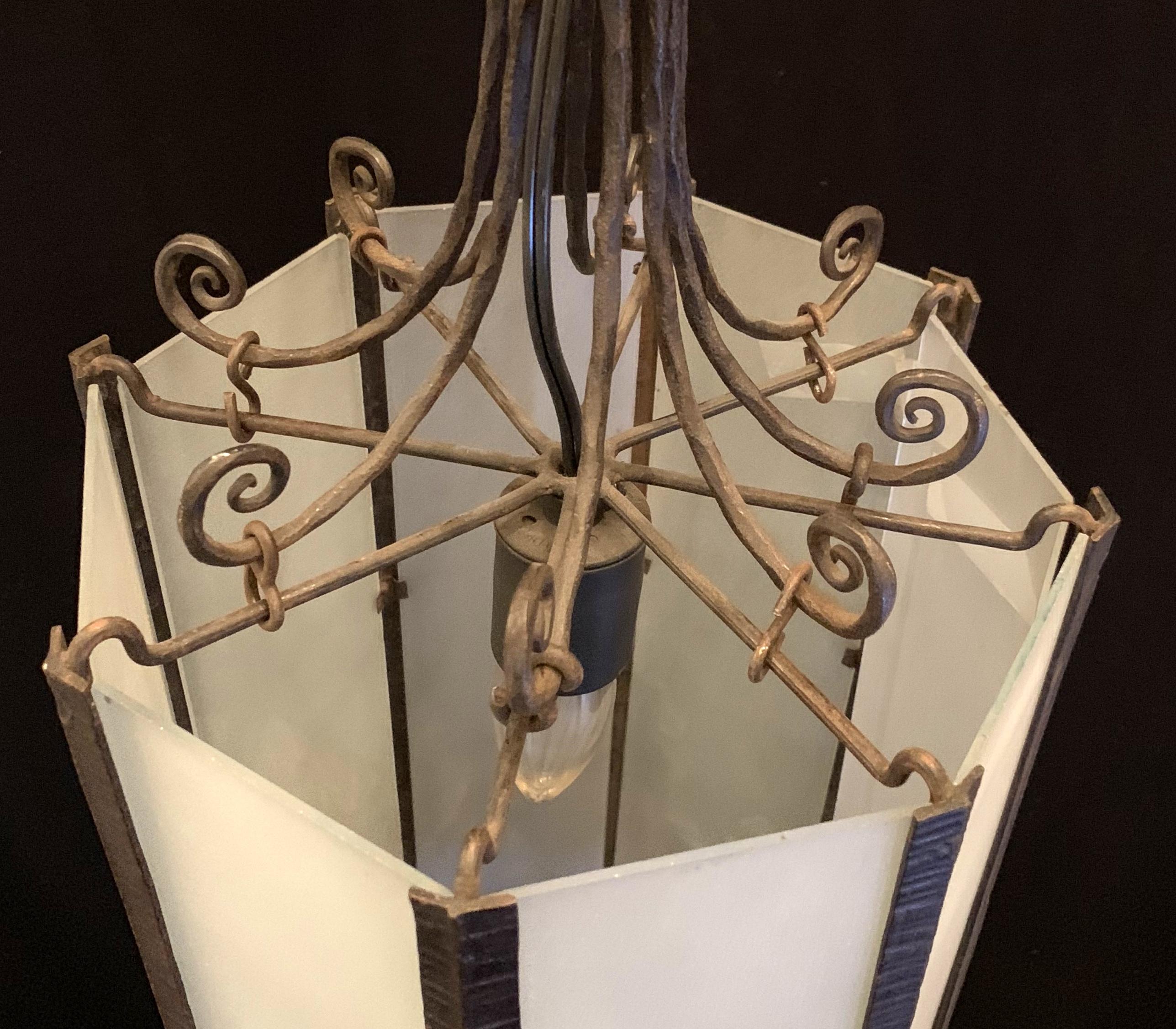 Wonderful Art Deco Edgar Brandt Scroll Flower Iron Frosted Glass Lantern Fixture In Good Condition For Sale In Roslyn, NY