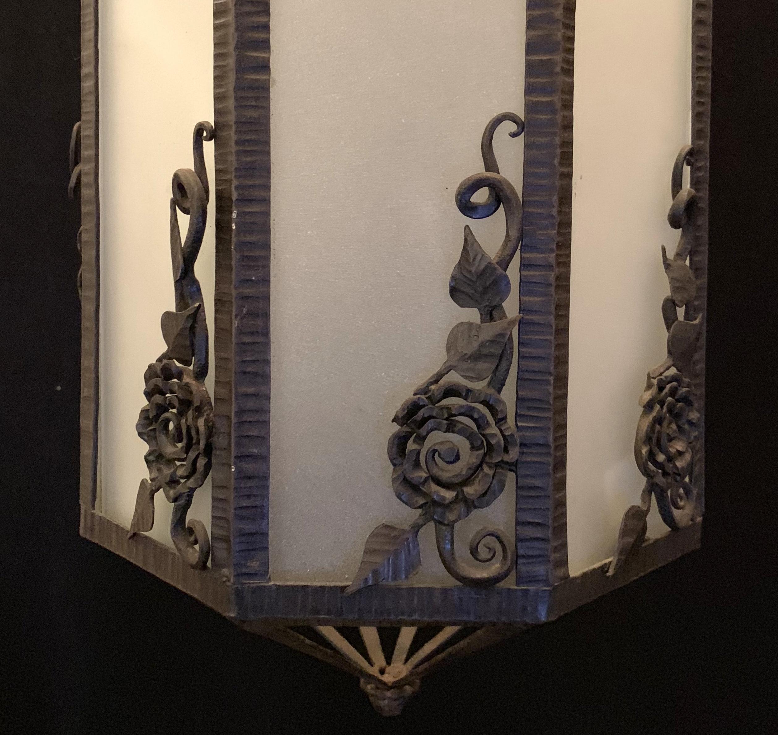 20th Century Wonderful Art Deco Edgar Brandt Scroll Flower Iron Frosted Glass Lantern Fixture For Sale