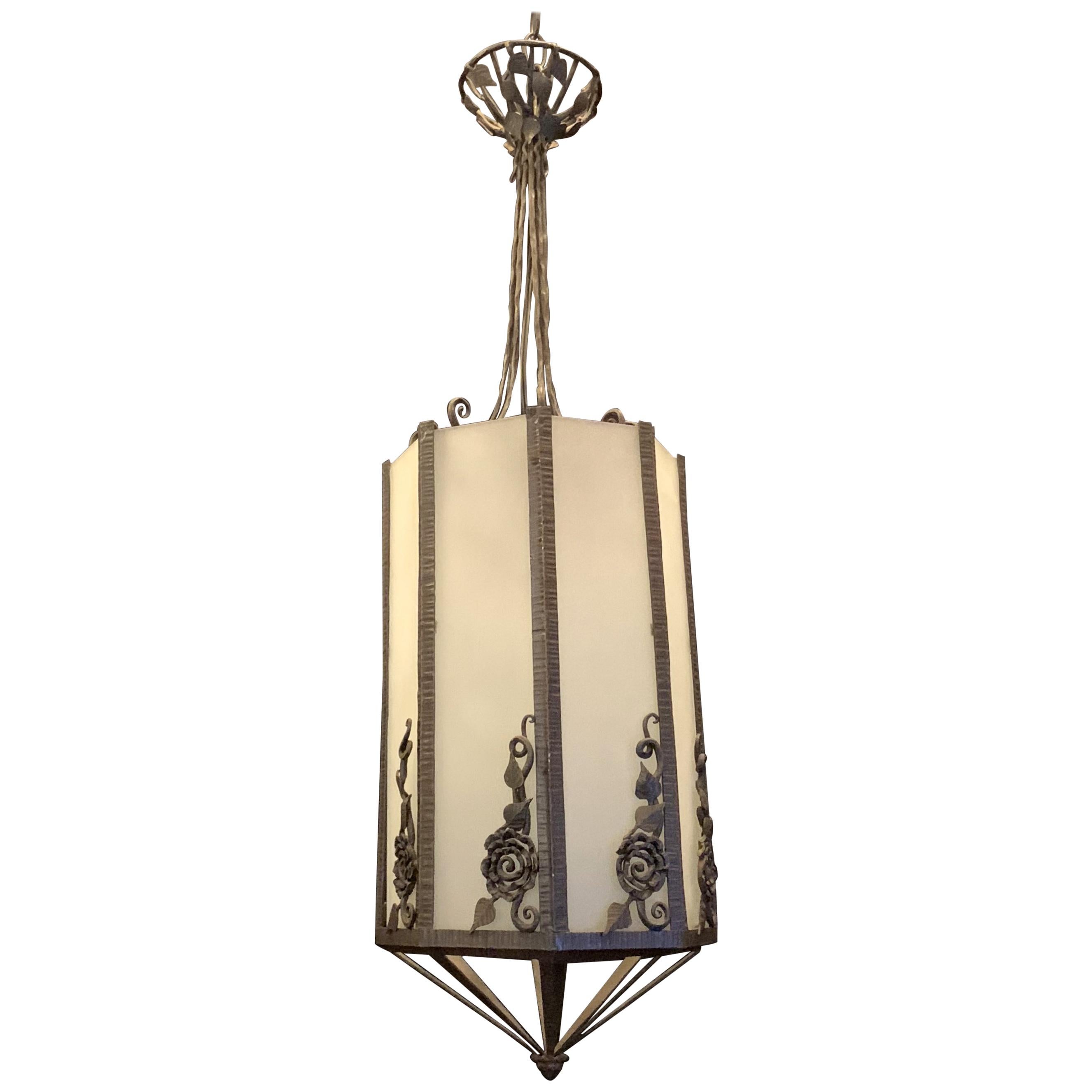 Wonderful Art Deco Edgar Brandt Scroll Flower Iron Frosted Glass Lantern Fixture