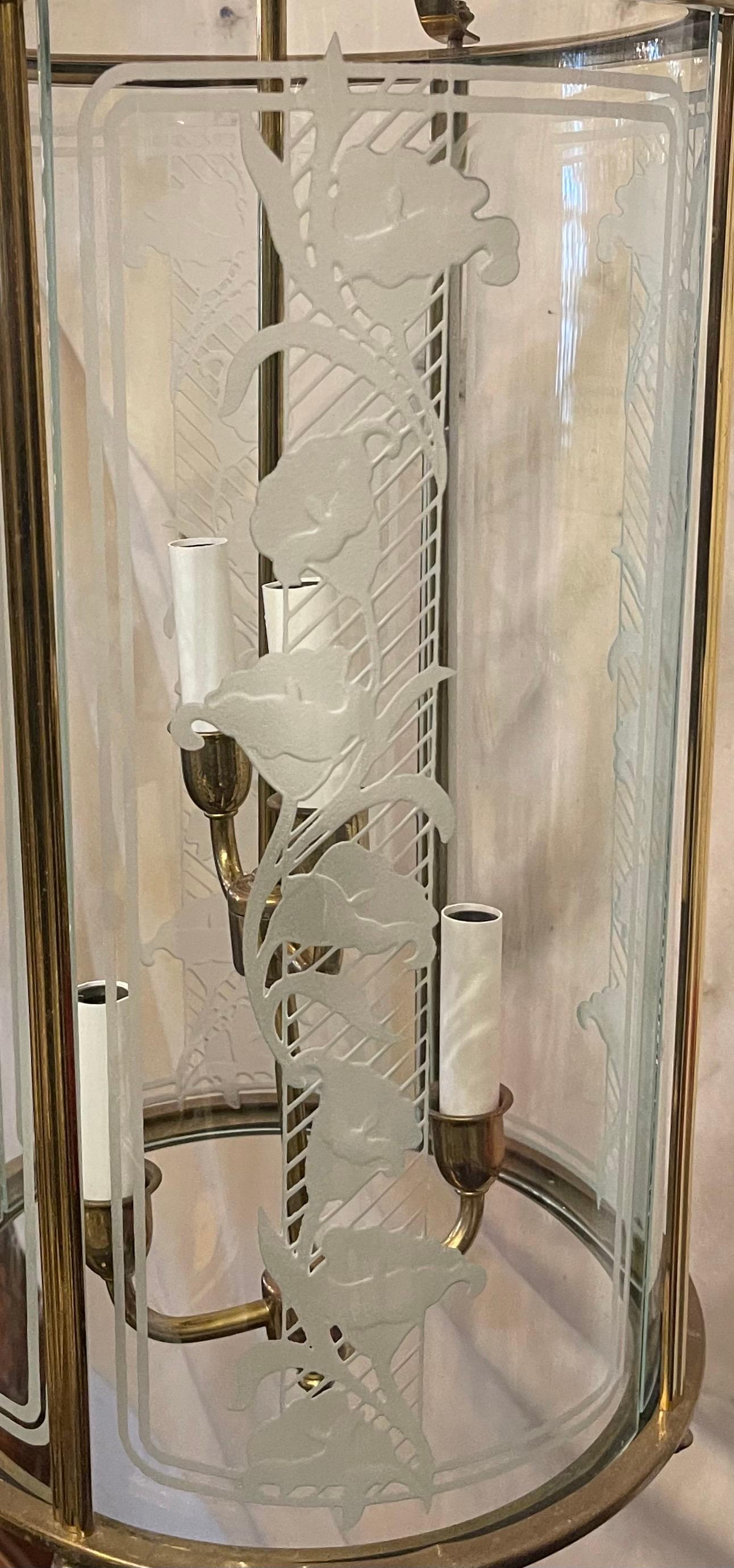 Wonderful Art Deco Nouveau Brass Elongated Art Glass Panel Round Lantern Fixture (Art nouveau) im Angebot