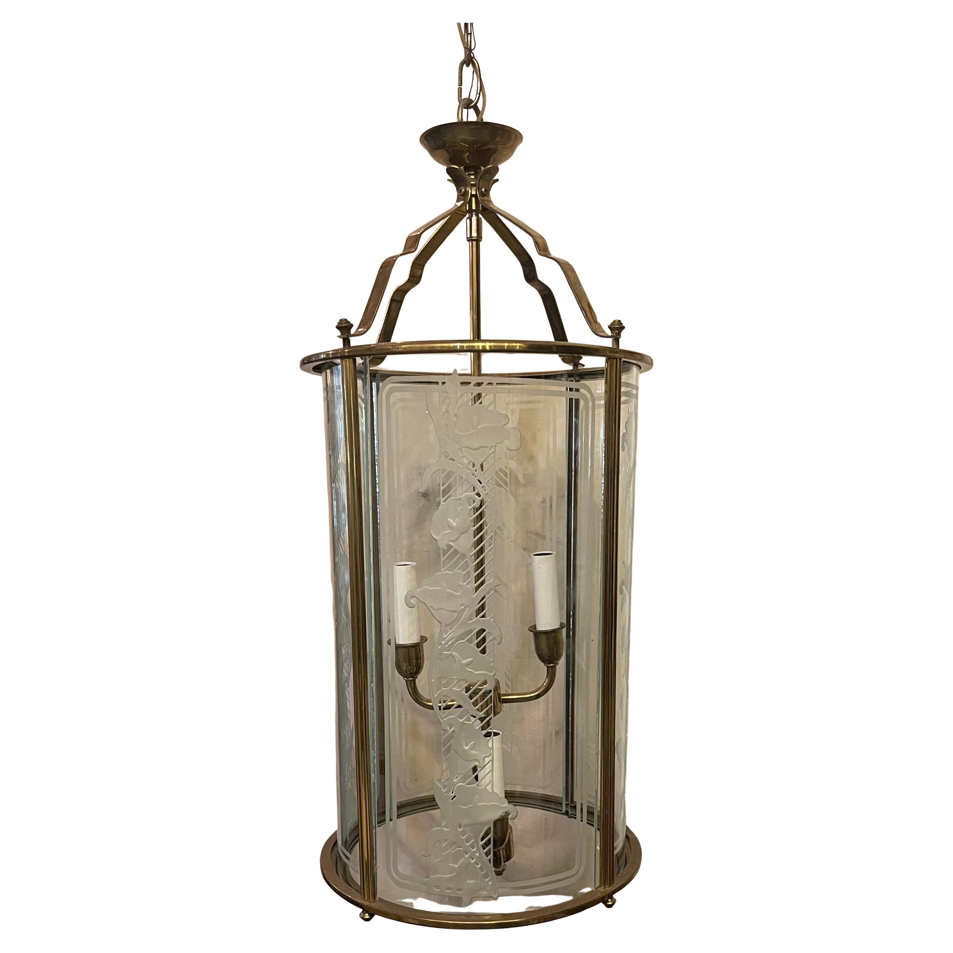 Wonderful Art Deco Nouveau Brass Elongated Art Glass Panel Round Lantern Fixture