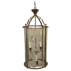 Wonderful Art Deco Nouveau Brass Elongated Art Glass Panel Round Lantern Fixture