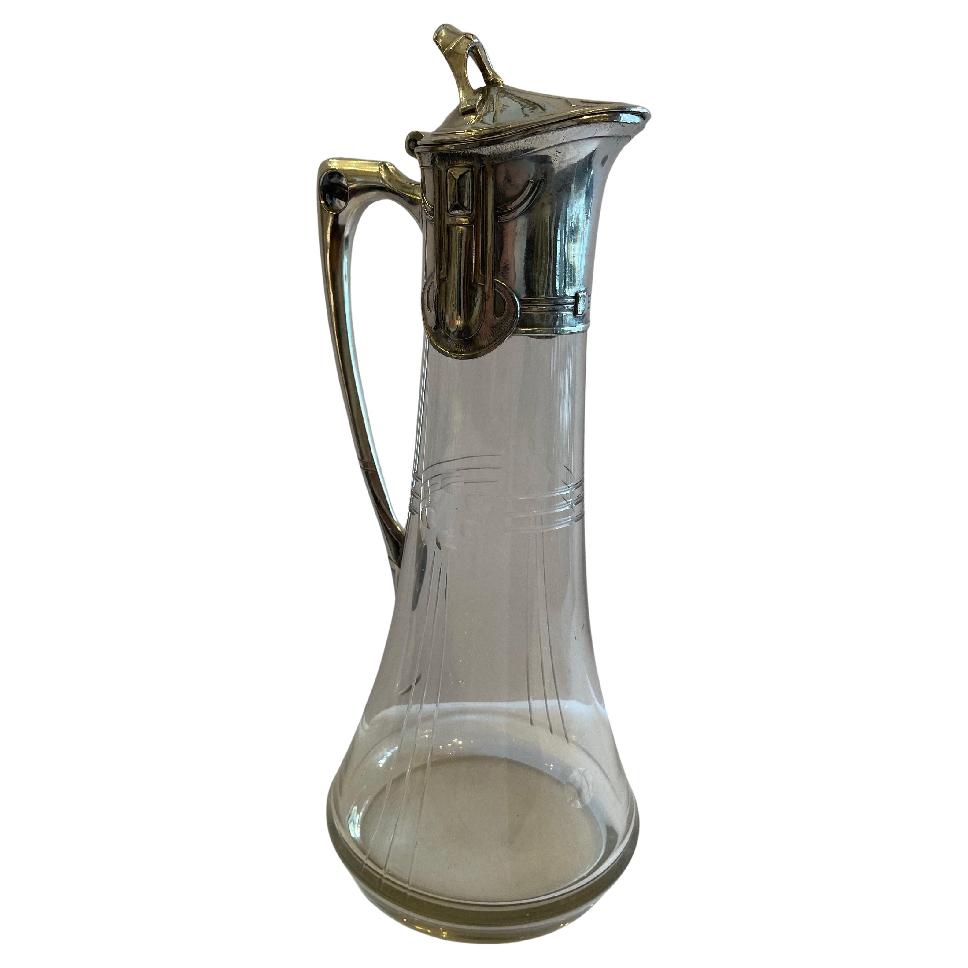 Meravigliosa caraffa in vetro inciso con placcatura d'argento Art Nouveau WMF in vendita