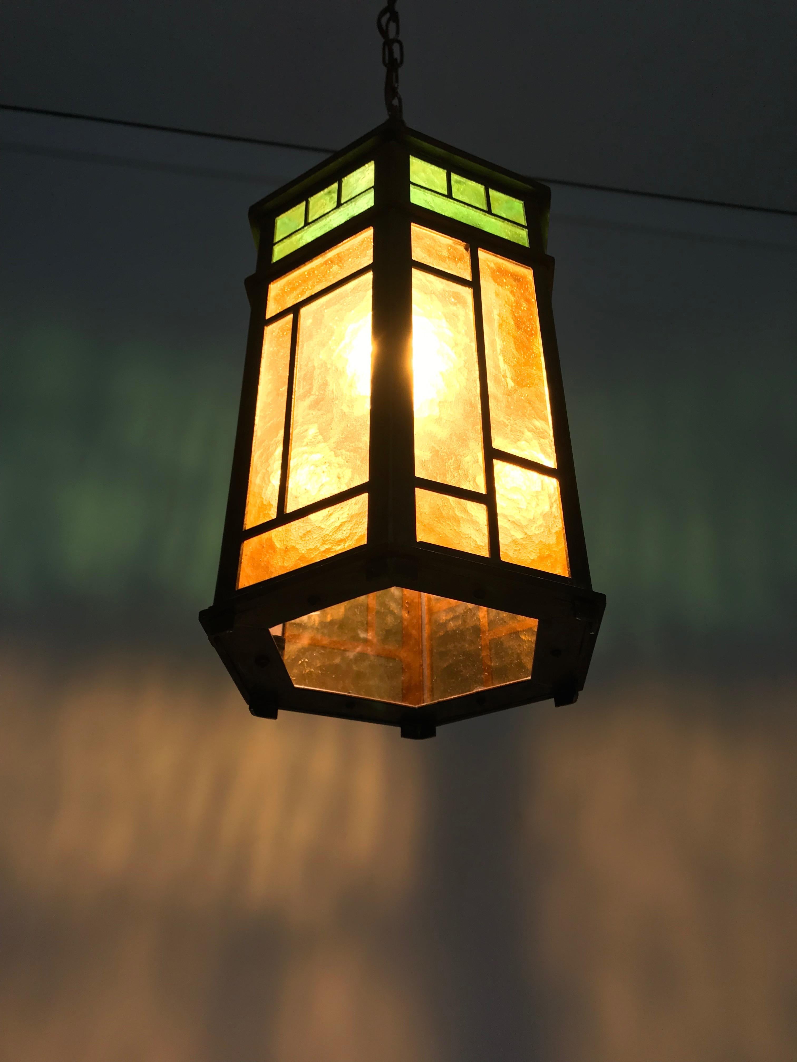 20th Century Wonderful Arts & Crafts Brass & Colored Glass Hexagonal Lantern / Pendant Light