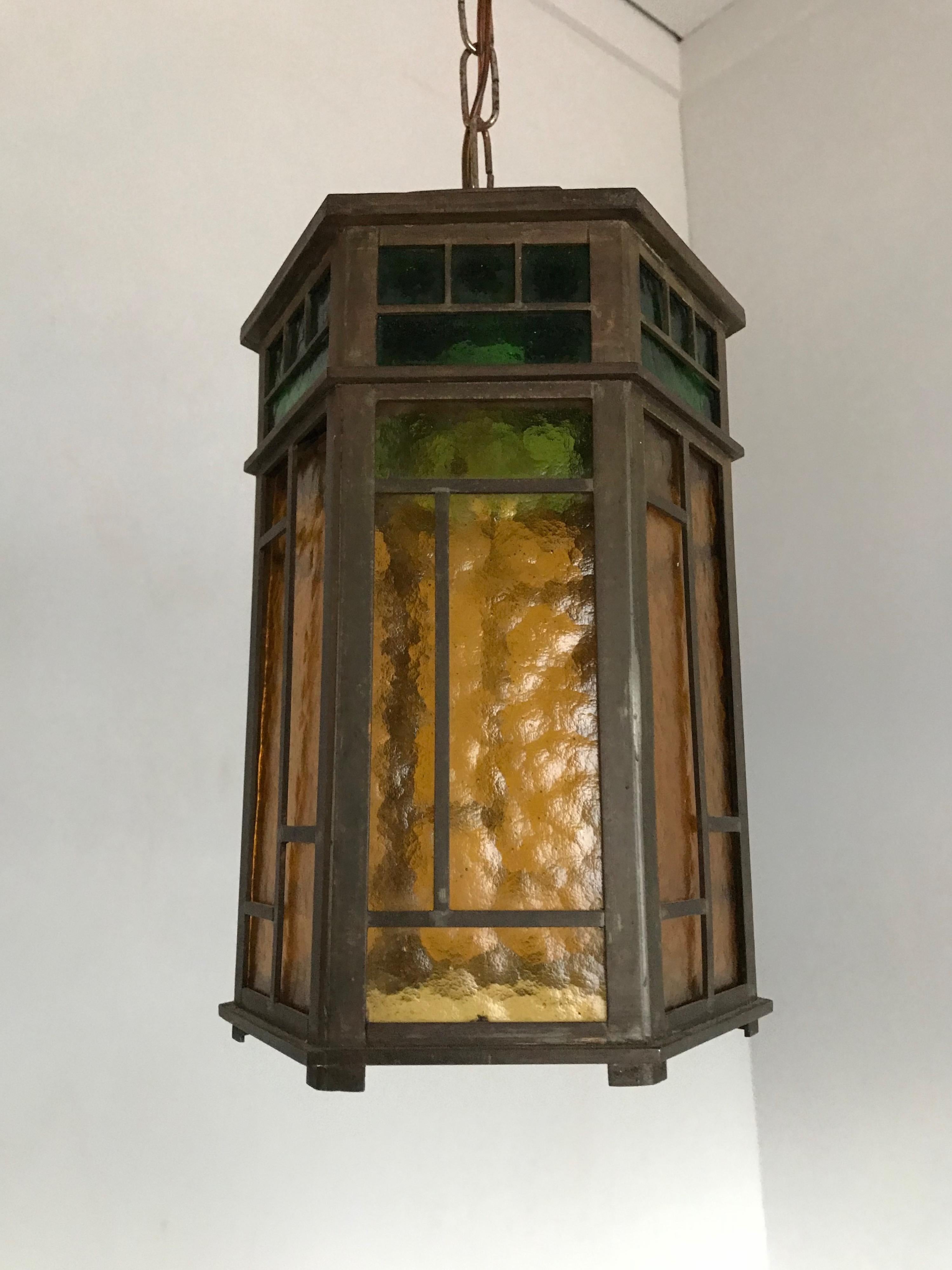 Wonderful Arts & Crafts Brass & Colored Glass Hexagonal Lantern / Pendant Light 1