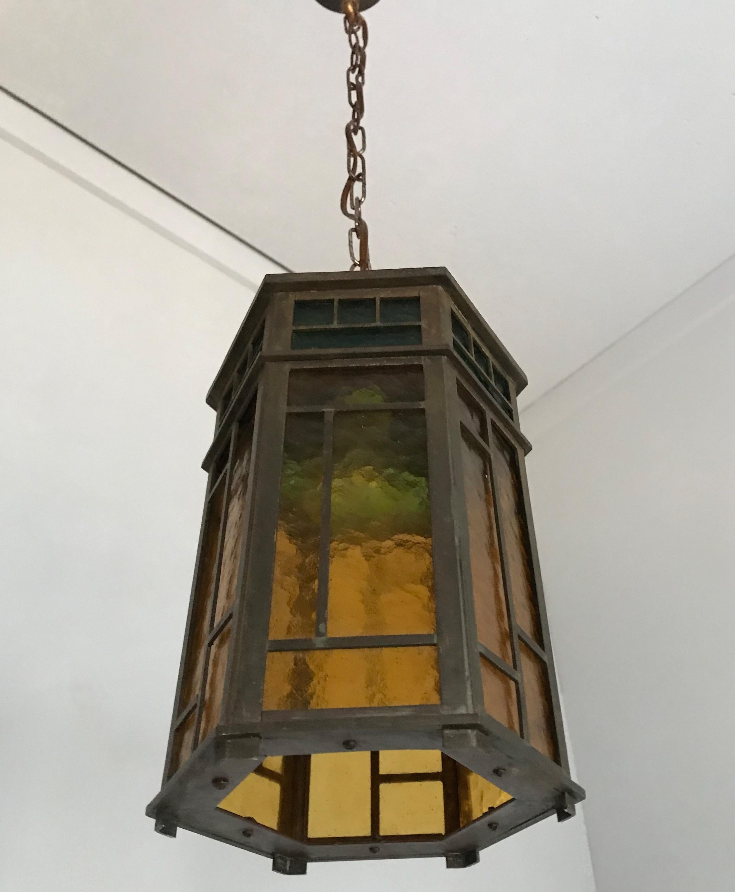 Wonderful Arts & Crafts Brass & Colored Glass Hexagonal Lantern / Pendant Light 2
