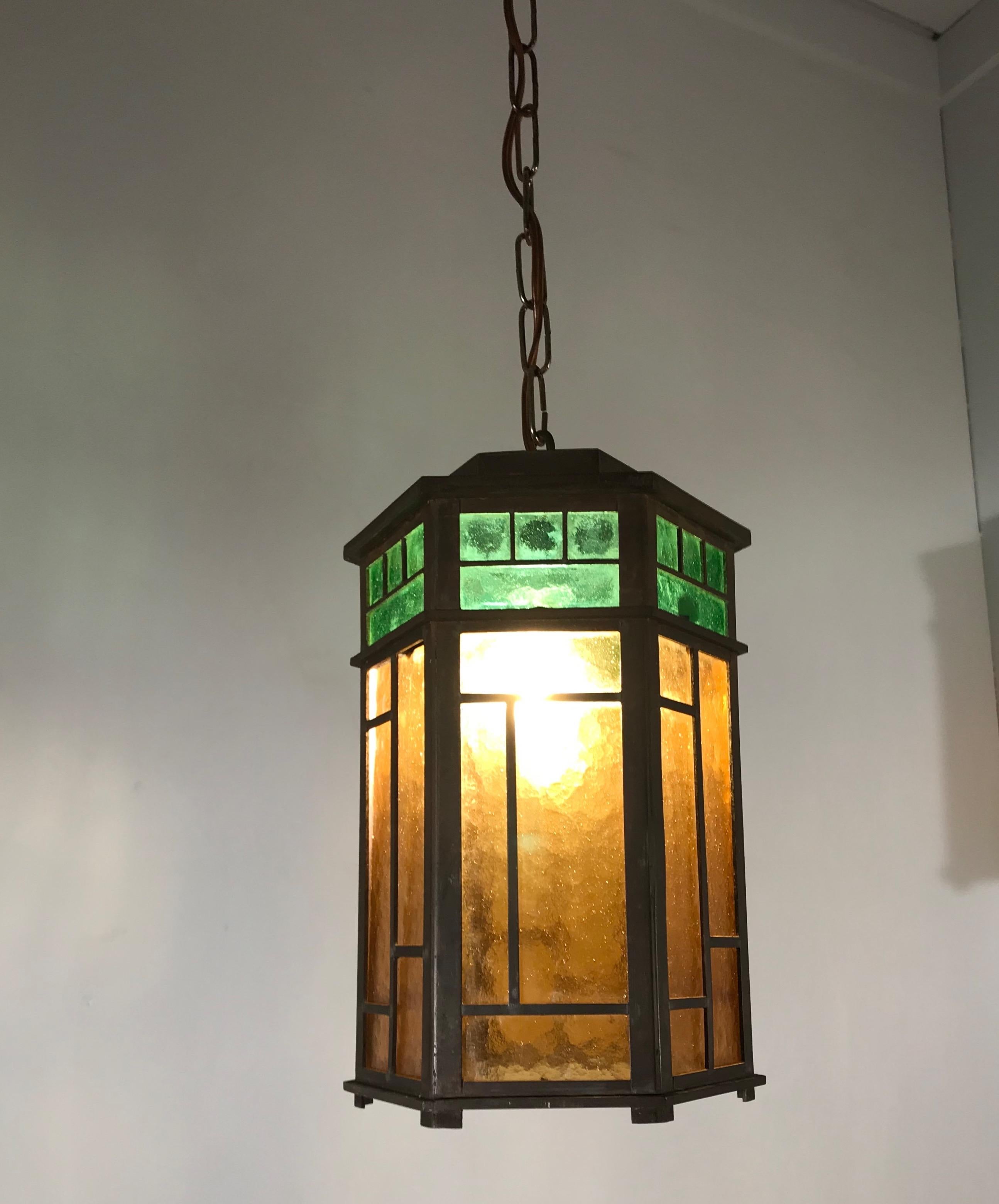 Wonderful Arts & Crafts Brass & Colored Glass Hexagonal Lantern / Pendant Light 4