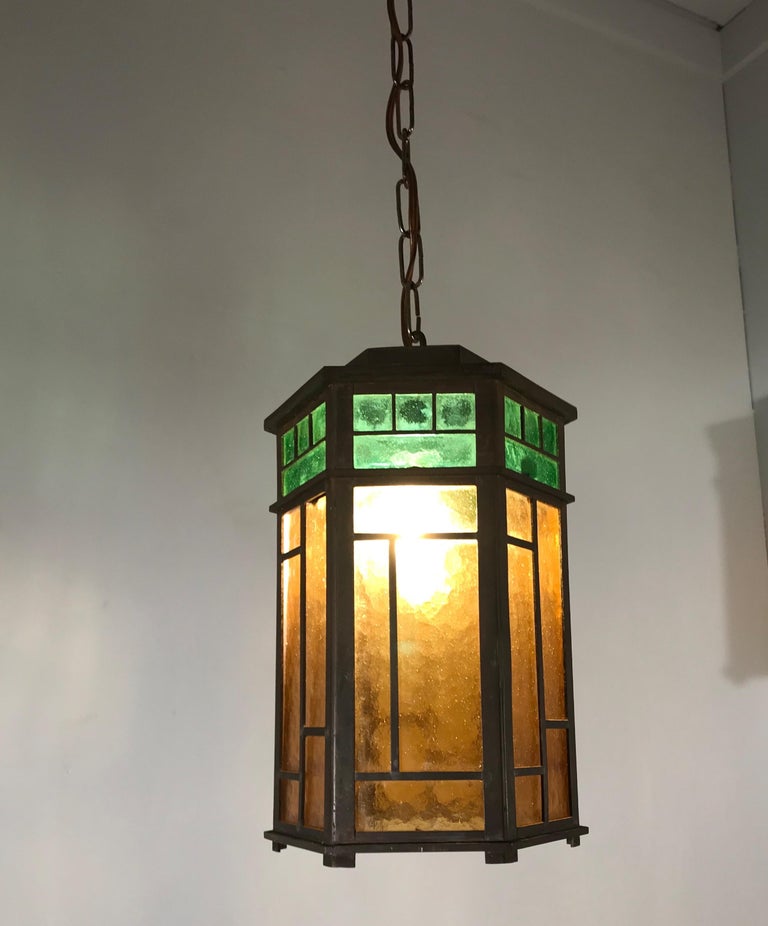 Wonderful Arts and Crafts Brass and Colored Glass Hexagonal Lantern ...