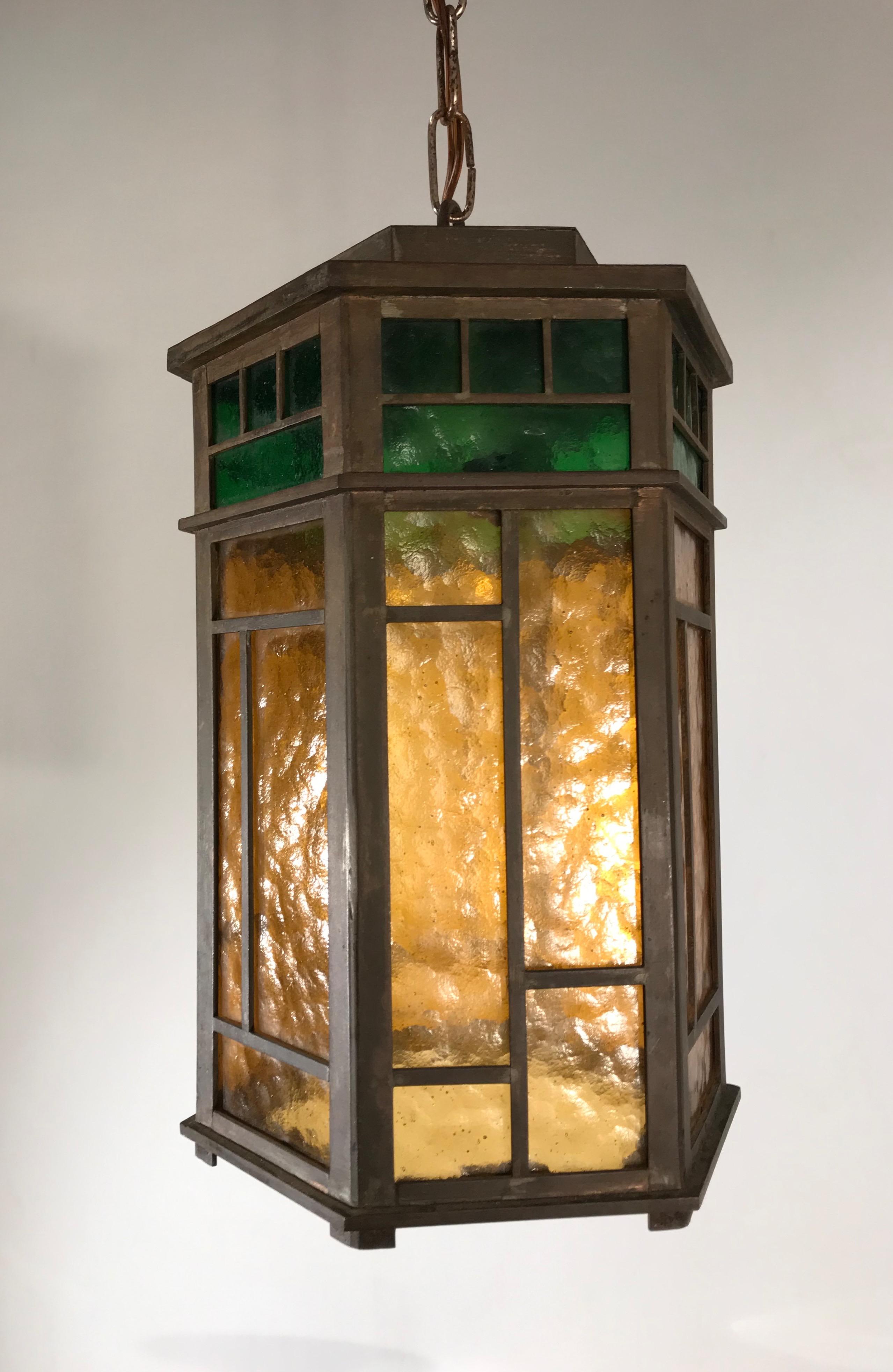 Wonderful Arts & Crafts Brass & Colored Glass Hexagonal Lantern / Pendant Light 8