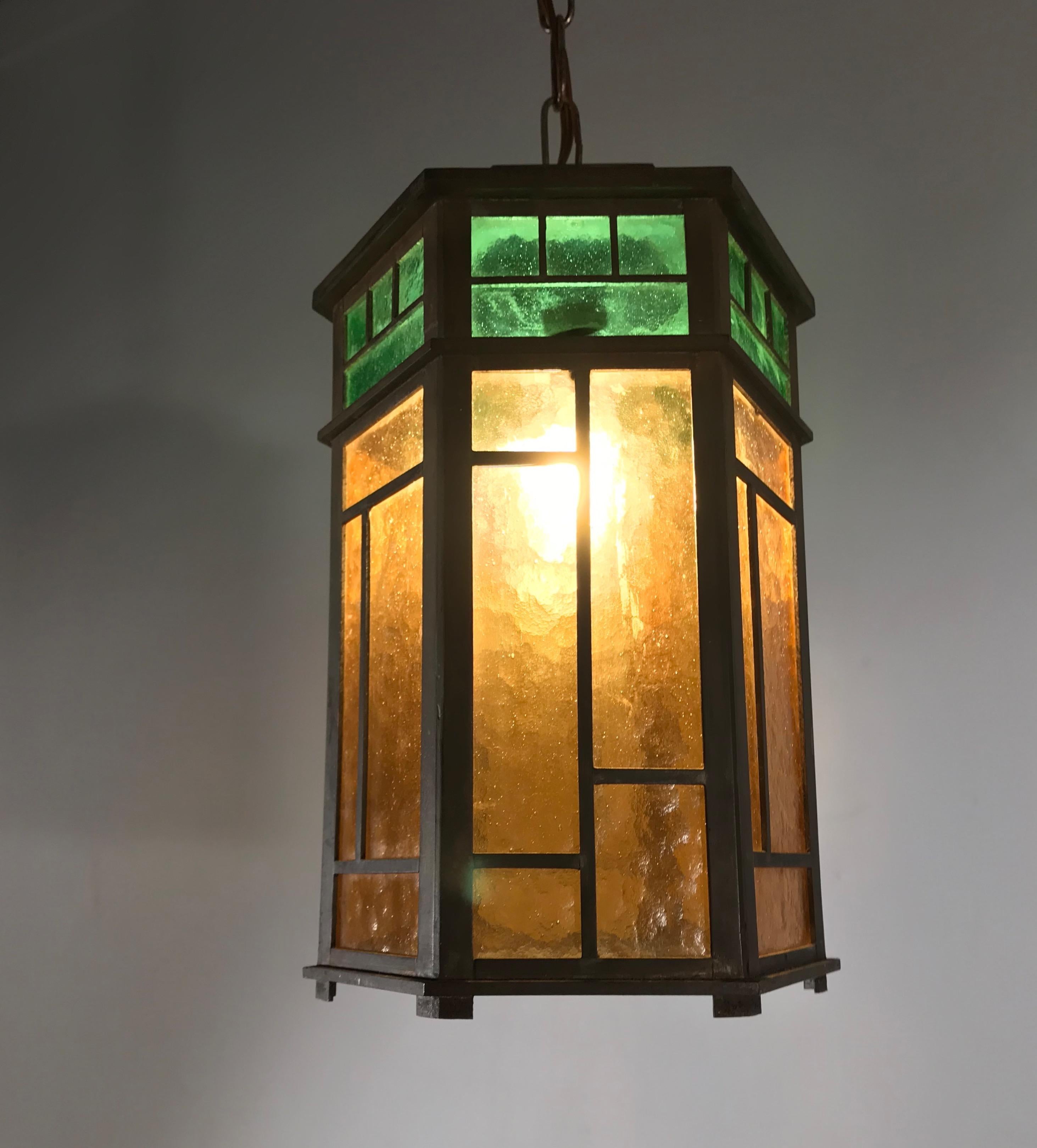 Wonderful Arts & Crafts Brass & Colored Glass Hexagonal Lantern / Pendant Light 9