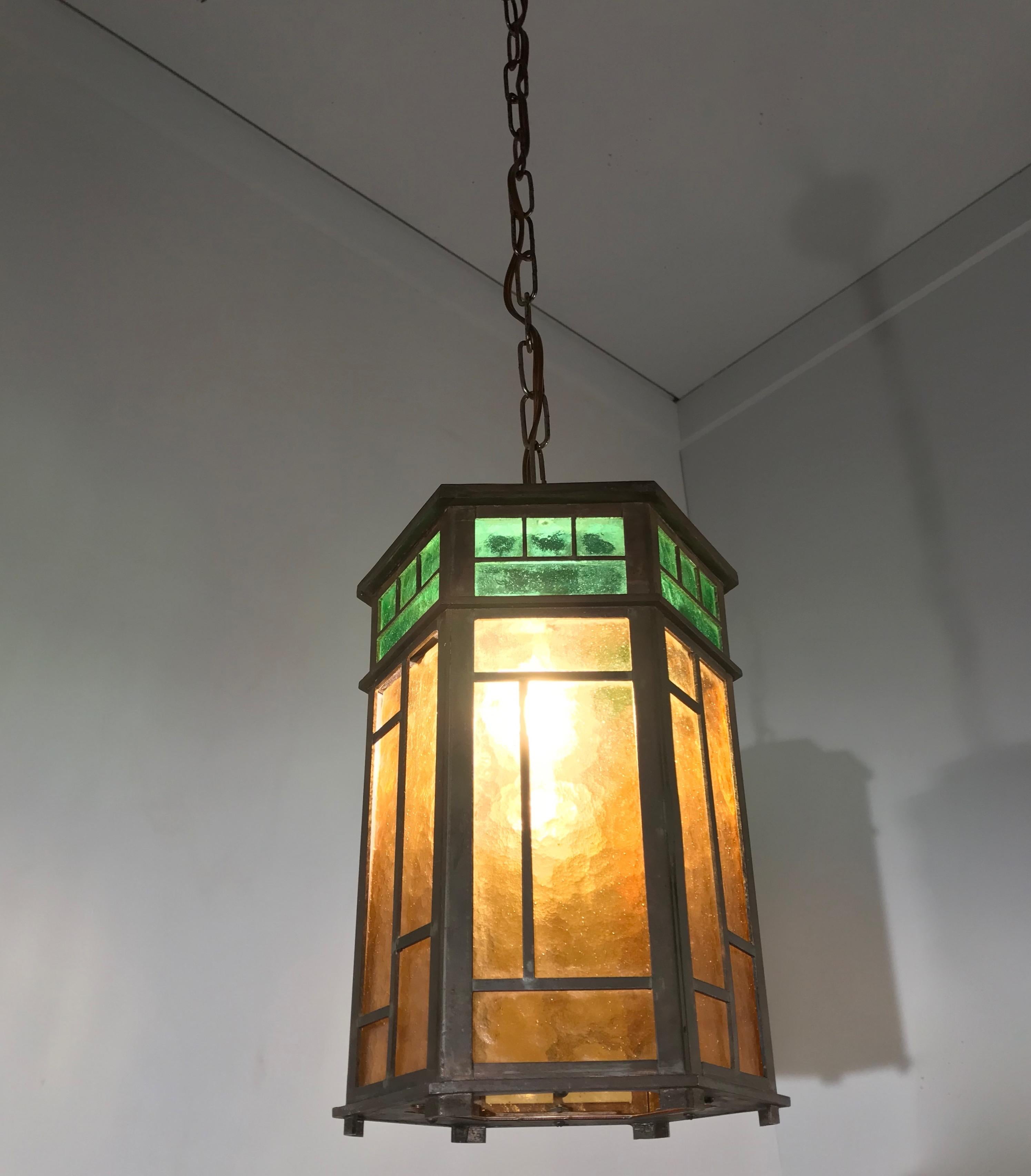 Top quality and small size, handcrafted entry hall light fixture.

With early 20th century lighting as one of our specialities, we are always happy to find a pendant, lantern or chandelier that we have never seen before. This late Arts & Crafts and