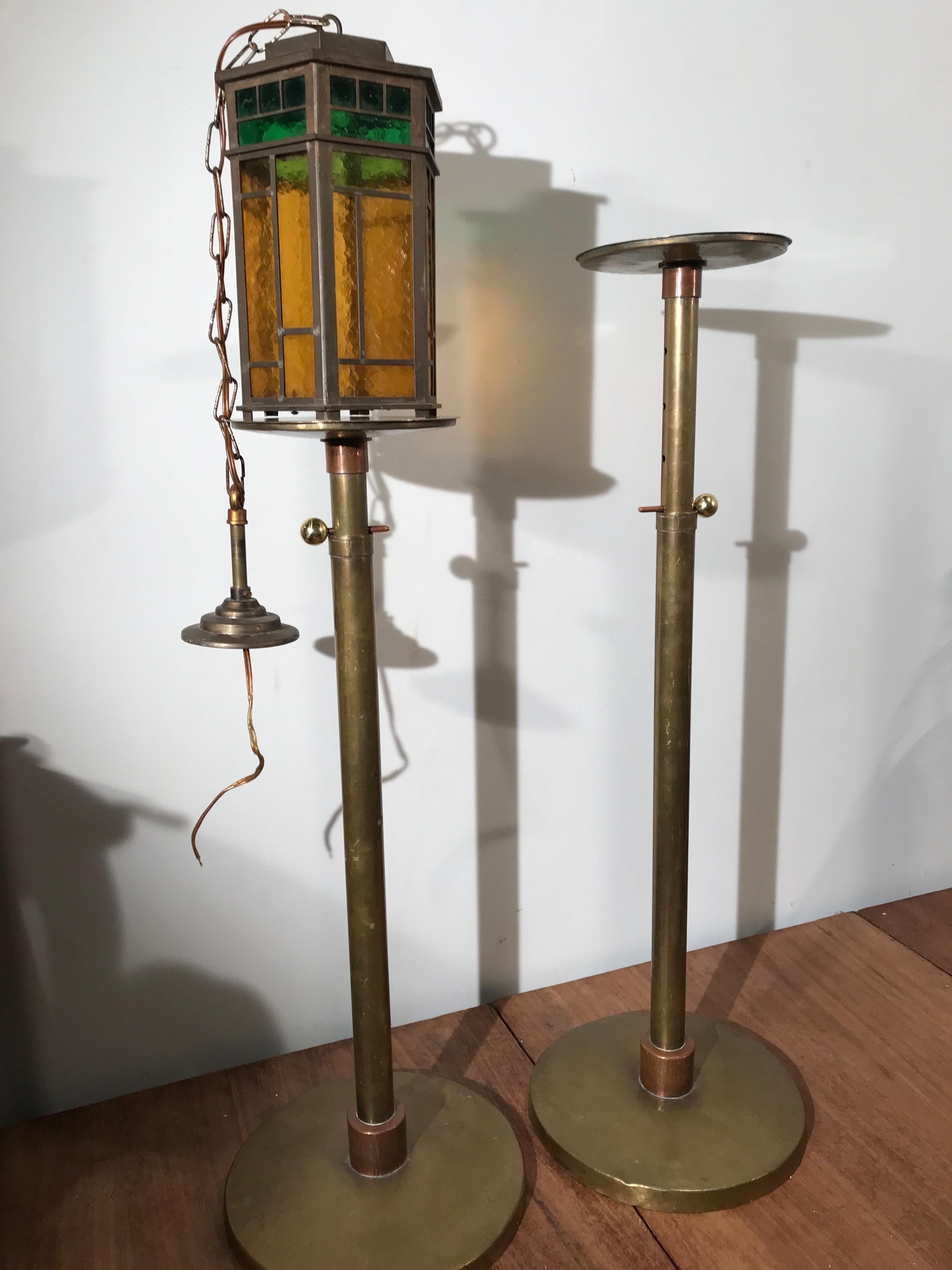 Wonderful Arts & Crafts Brass & Colored Glass Hexagonal Lantern / Pendant Light 10