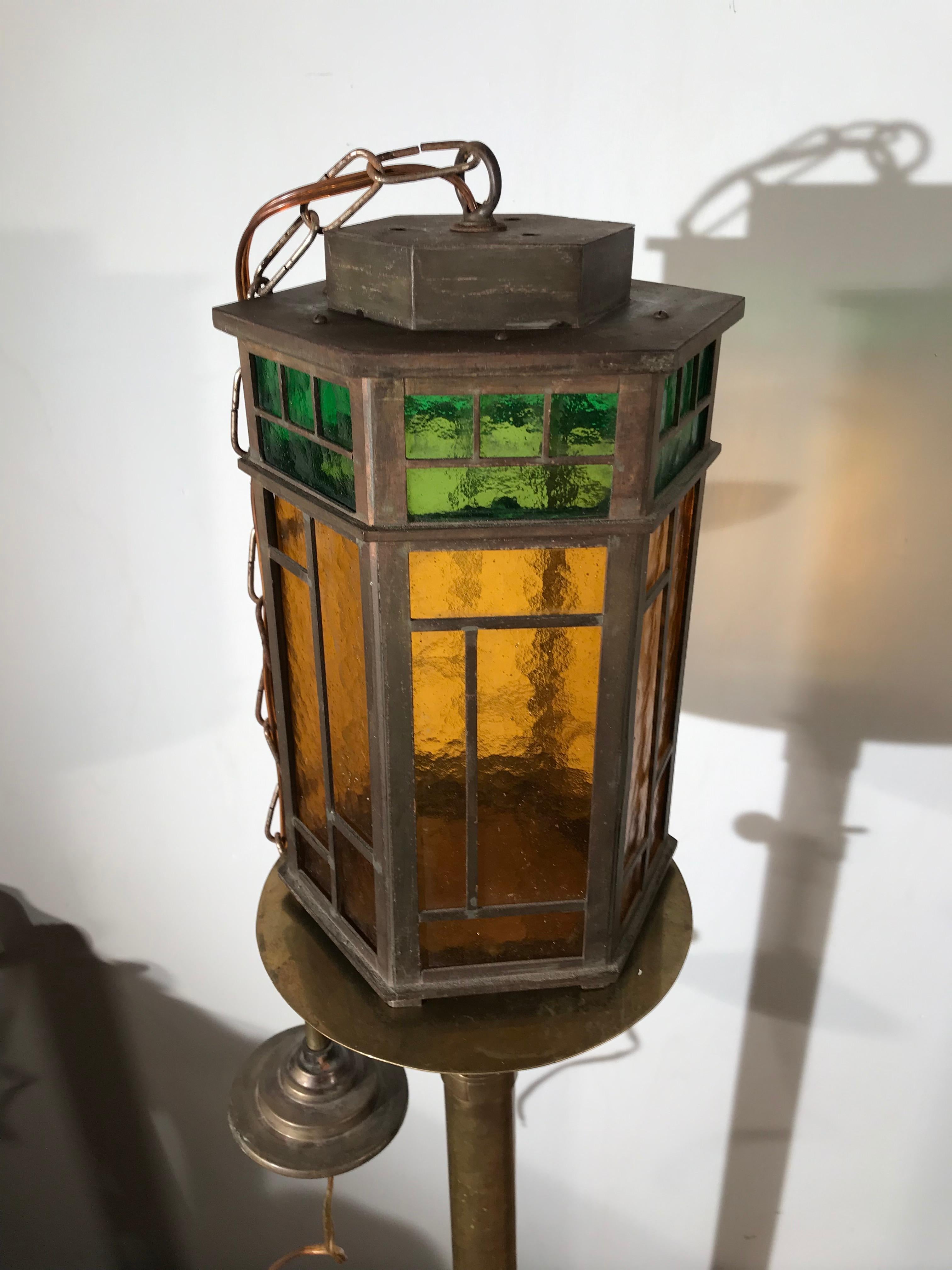 Arts and Crafts Wonderful Arts & Crafts Brass & Colored Glass Hexagonal Lantern / Pendant Light