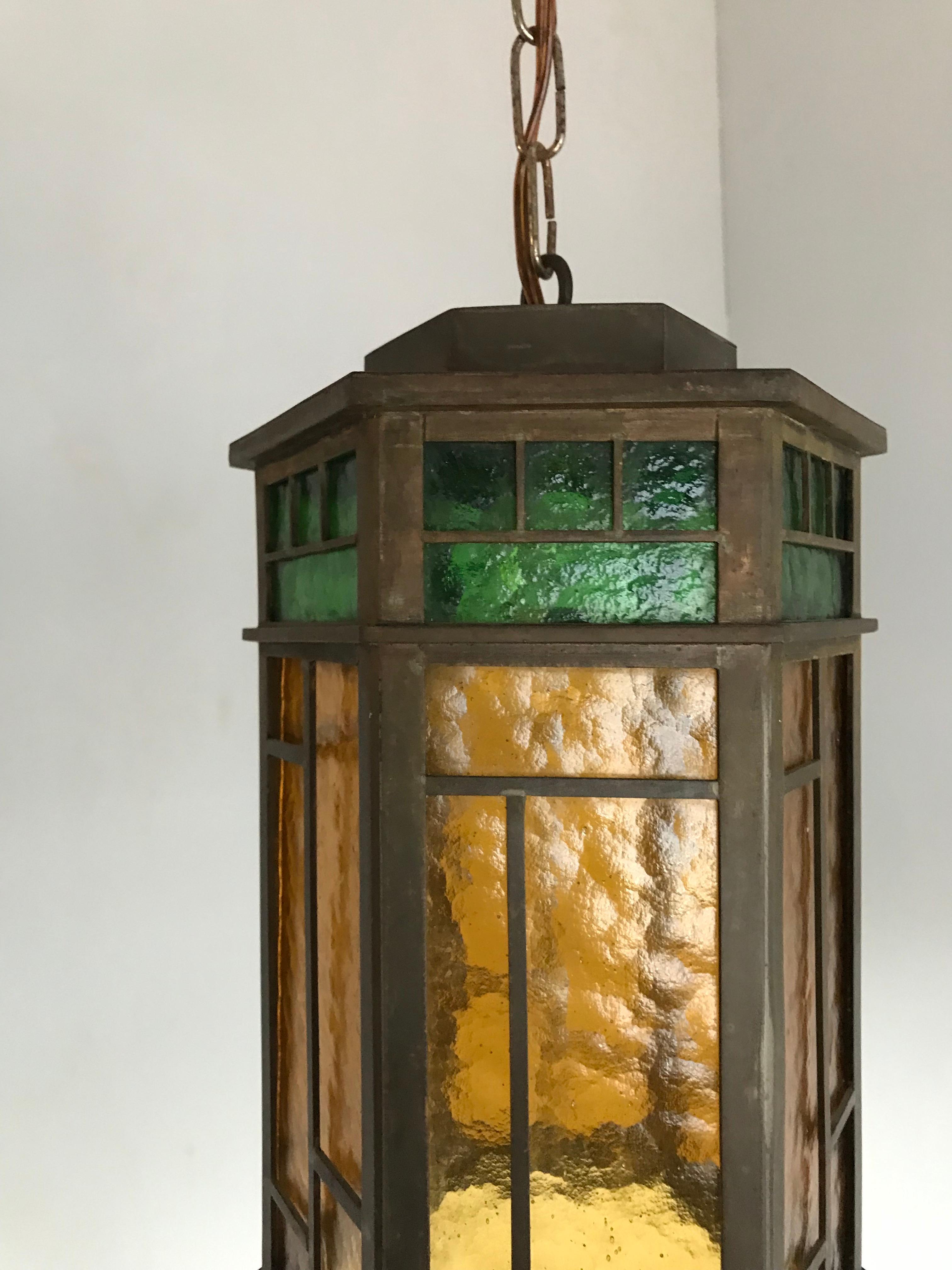 European Wonderful Arts & Crafts Brass & Colored Glass Hexagonal Lantern / Pendant Light