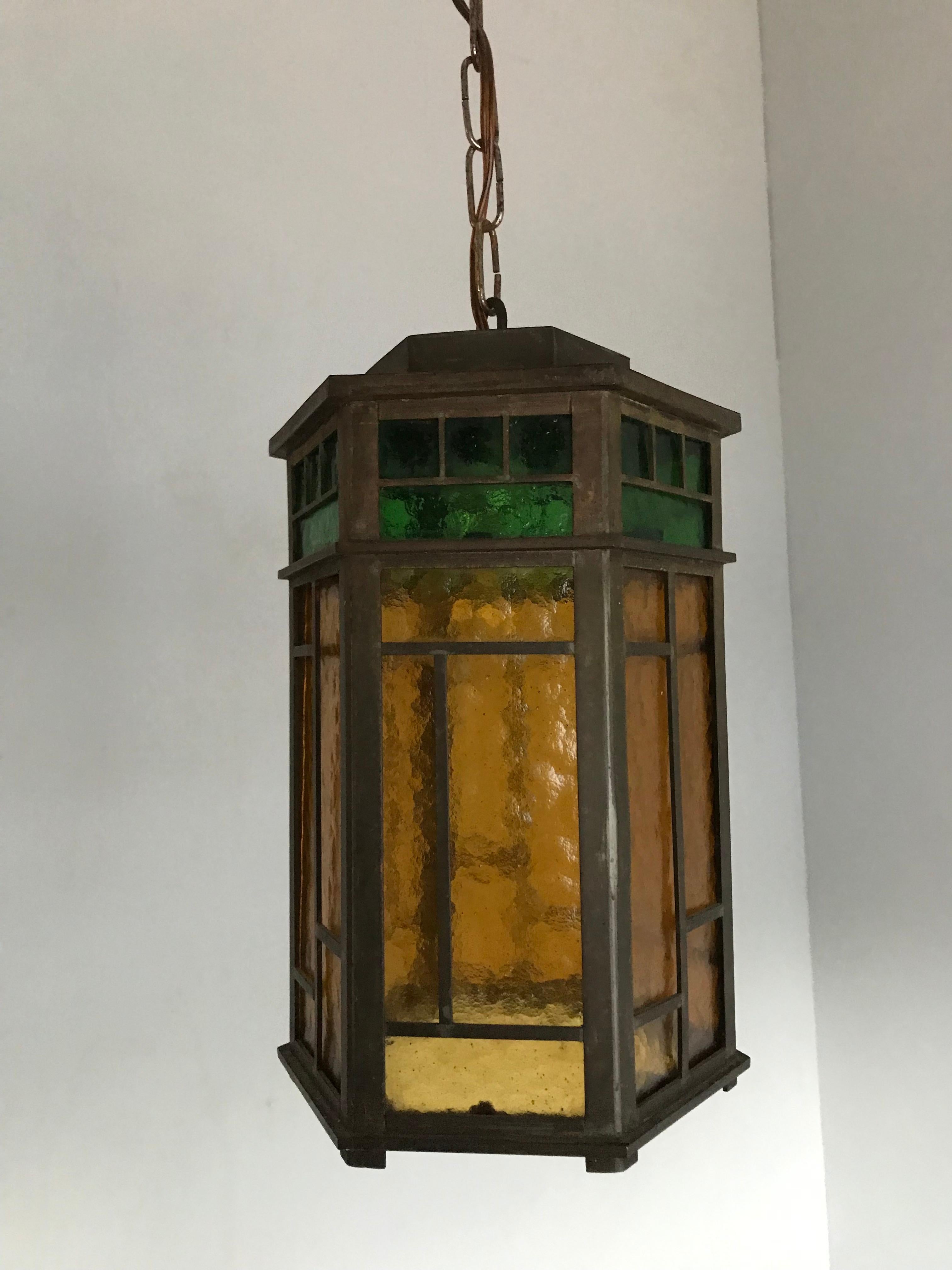 Hand-Crafted Wonderful Arts & Crafts Brass & Colored Glass Hexagonal Lantern / Pendant Light