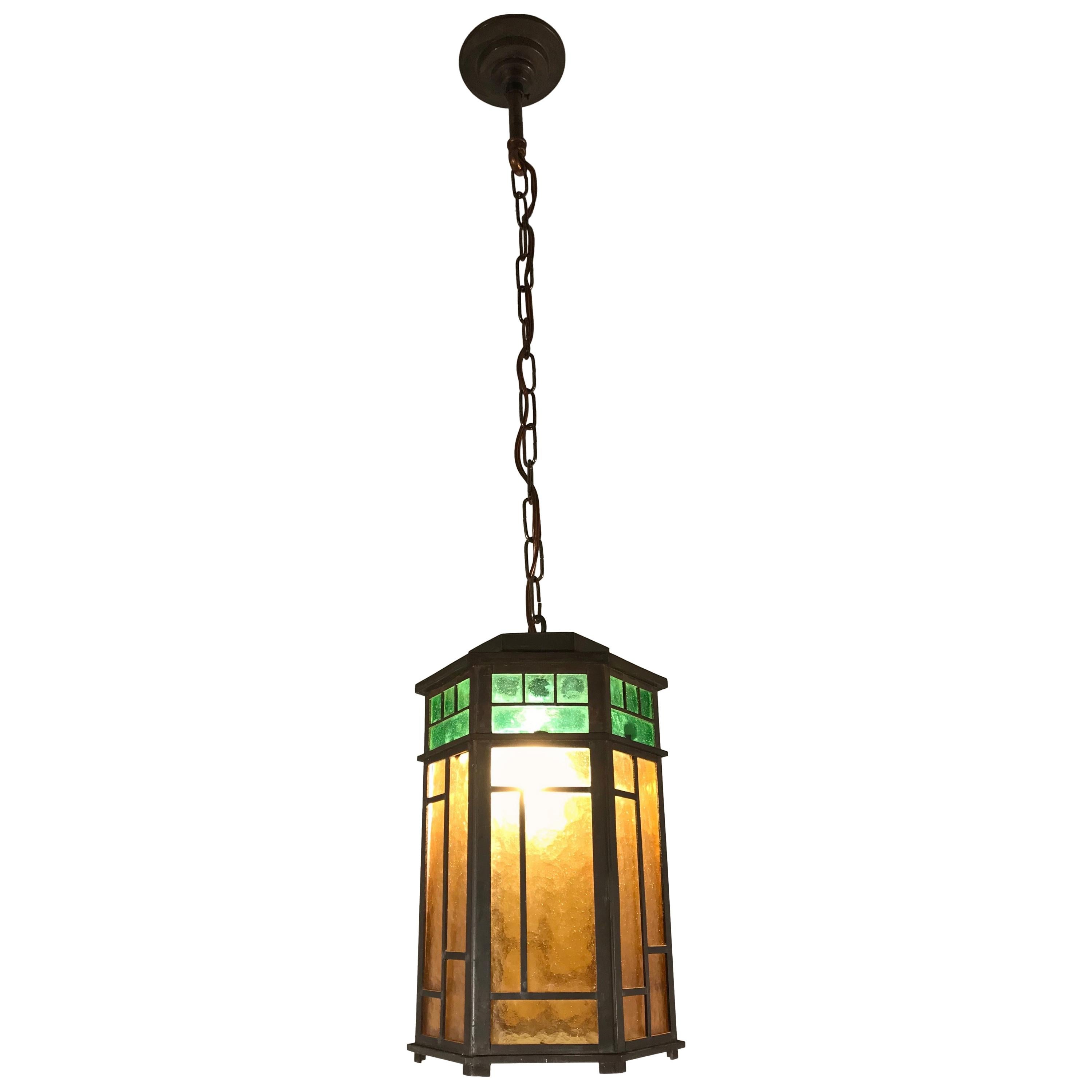 Wonderful Arts & Crafts Brass & Colored Glass Hexagonal Lantern / Pendant Light