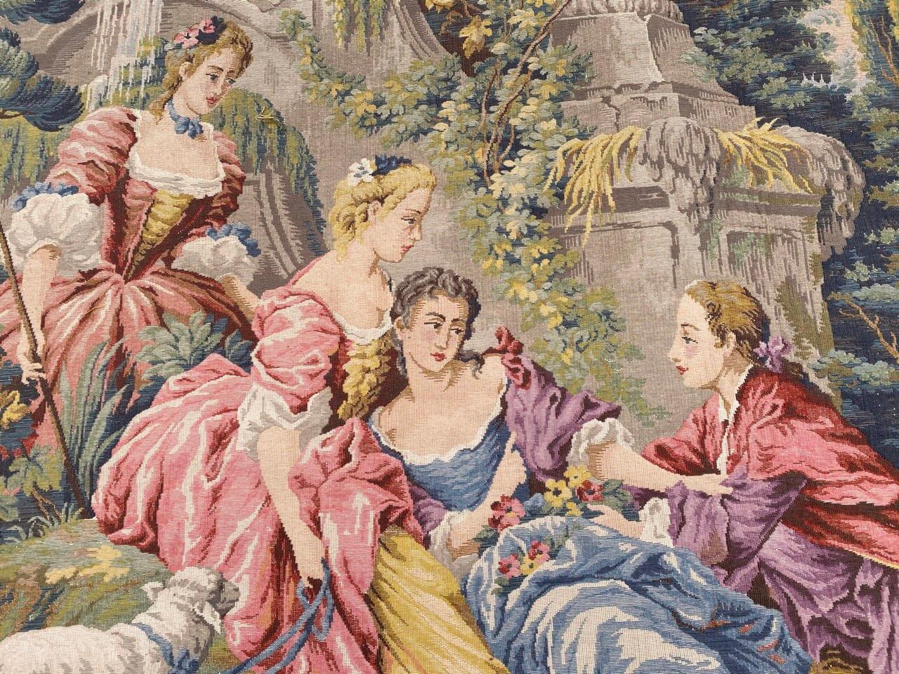 Pretty mid century french Aubusson style Jaquar tapestry with beautiful design of a gallant scene from Boucher paintings, and nice colors, finely mechanical woven with wool.