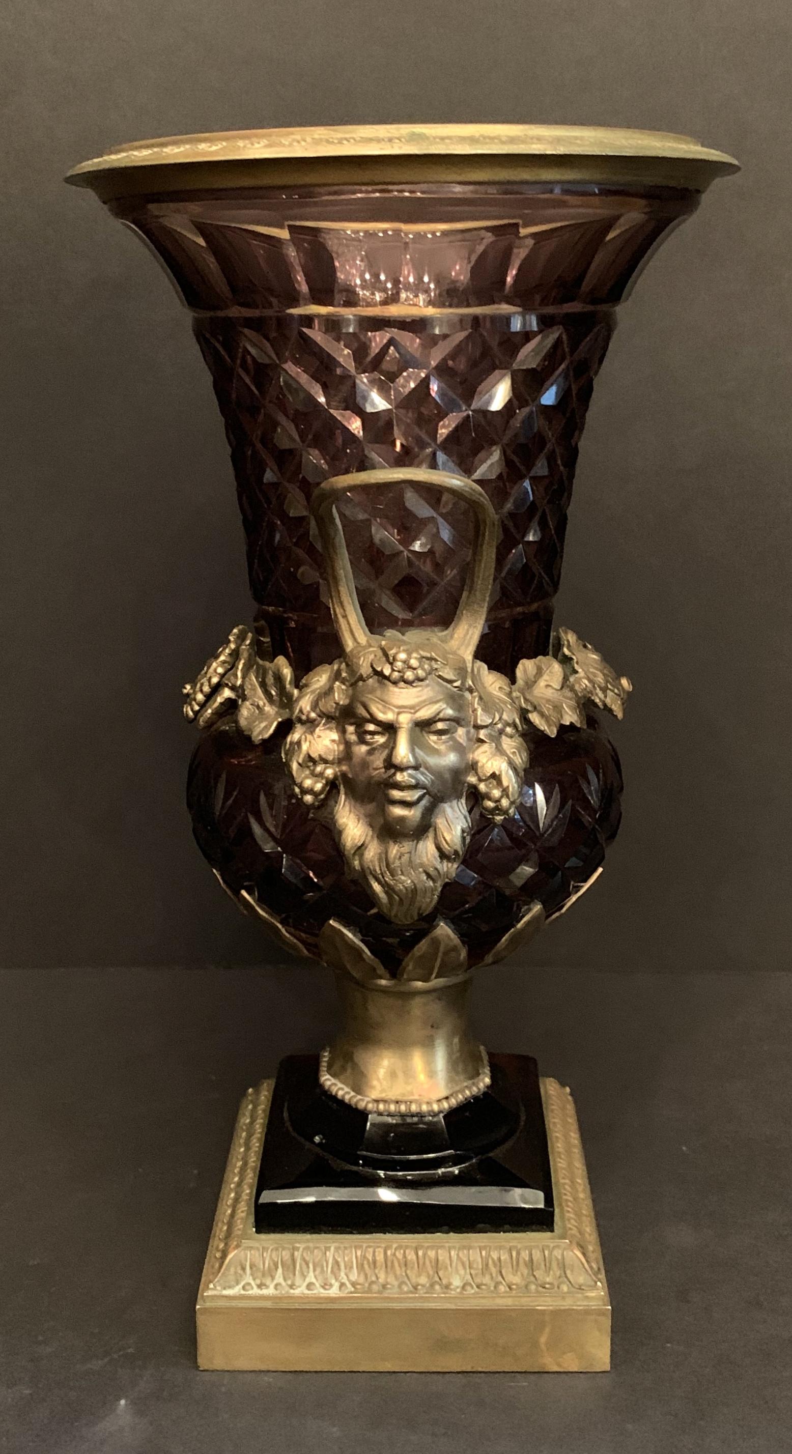 A wonderful stamped Austrian amethyst cut crystal and bronze ormolu-mounted vase or handle urn.