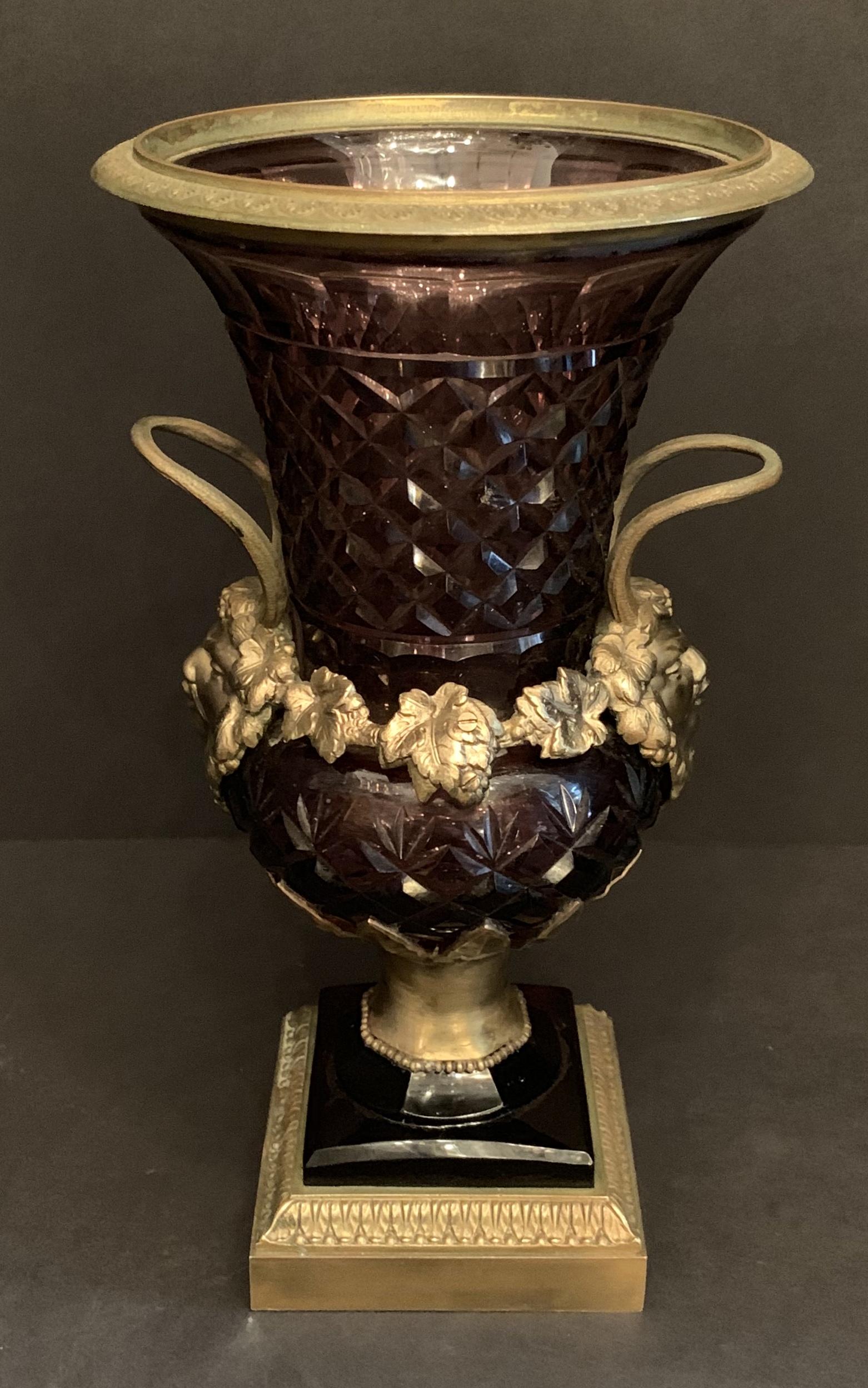 Neoclassical Wonderful Austrian Amethyst Cut Crystal Bronze Ormolu Mounted Vase Handle Urn