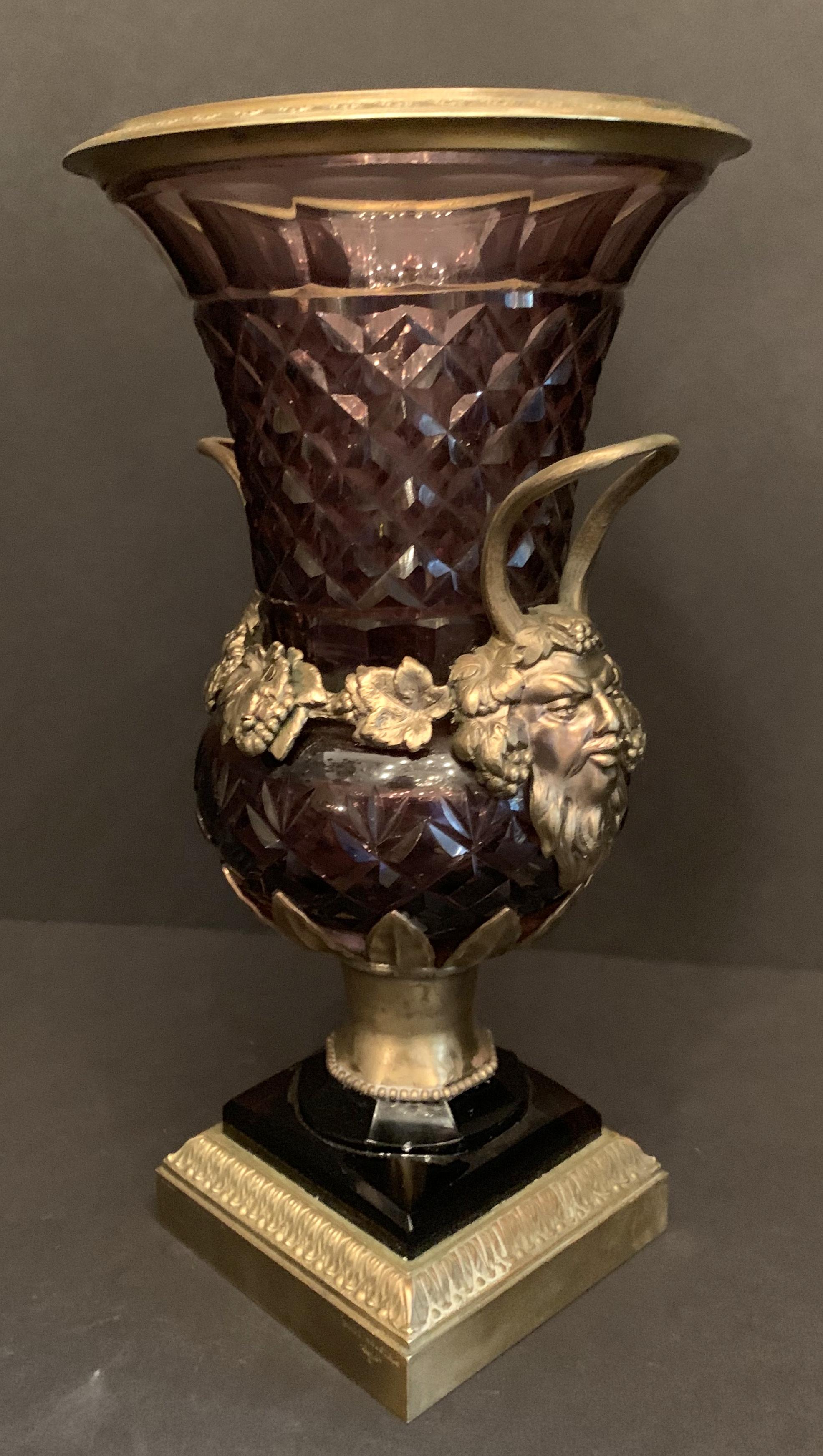 Wonderful Austrian Amethyst Cut Crystal Bronze Ormolu Mounted Vase Handle Urn In Good Condition In Roslyn, NY