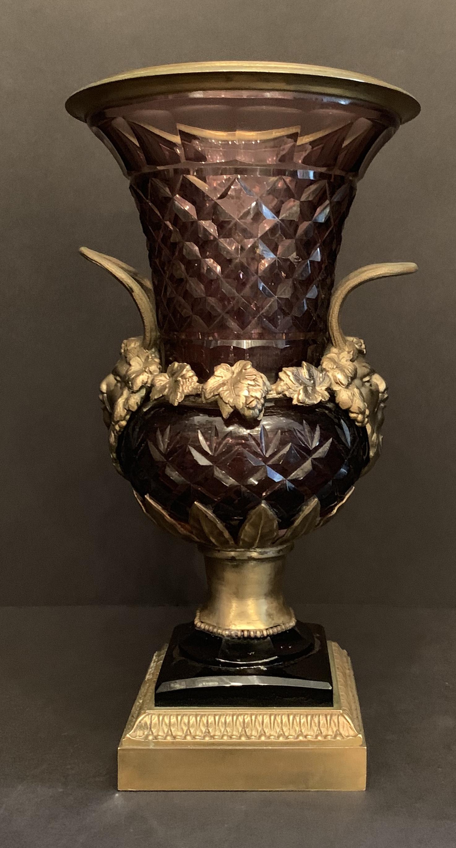 Wonderful Austrian Amethyst Cut Crystal Bronze Ormolu Mounted Vase Handle Urn 2