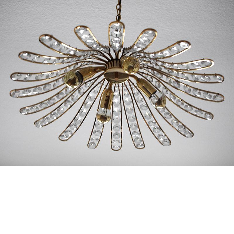 Hollywood Regency Austrian Vintage Crystal Glass and Gilt Brass Ceiling Light Pendant Chandelier For Sale