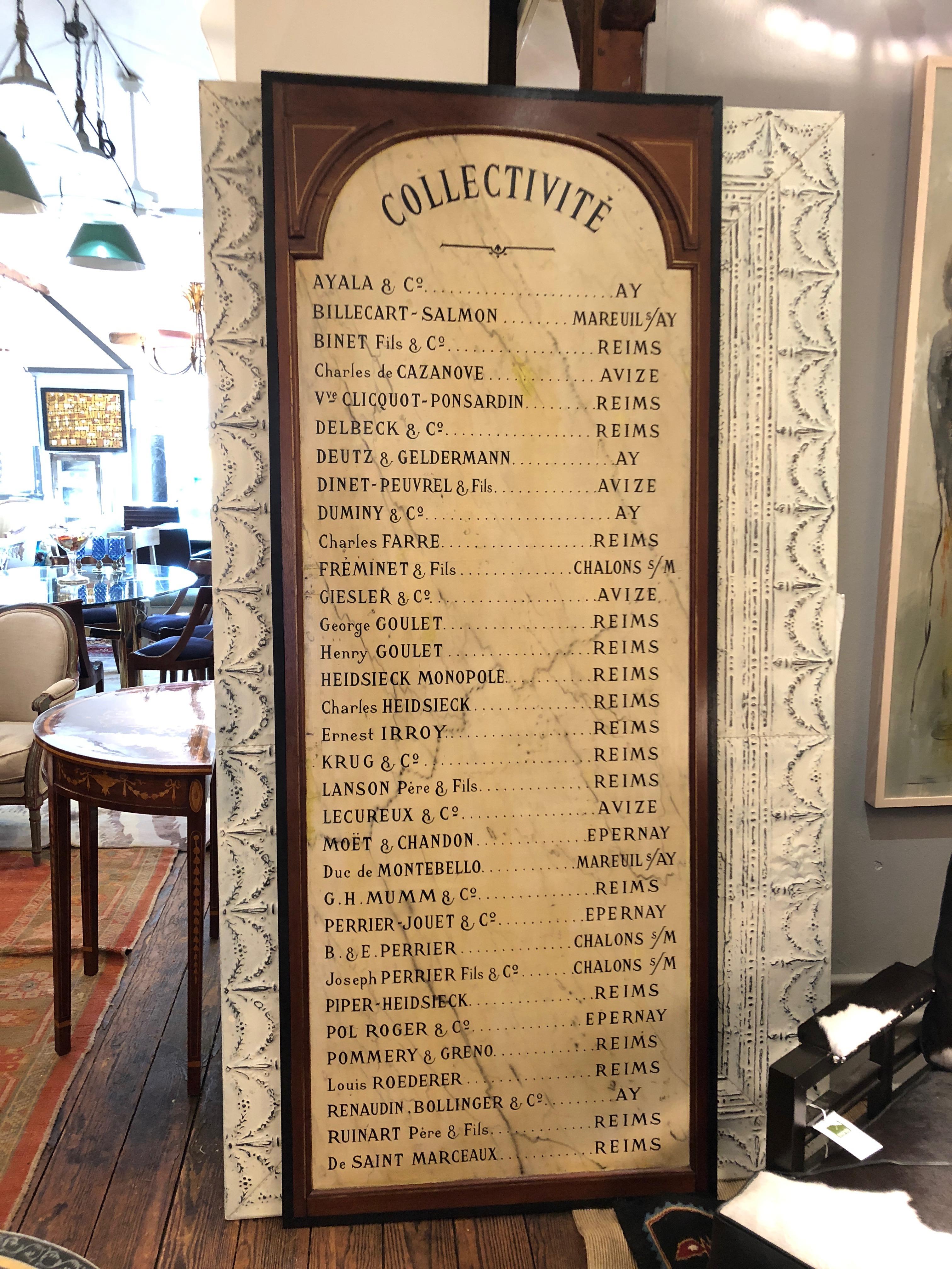 Wonderful Authentic French Restaurant Sign with List of Champagnes In Excellent Condition In Hopewell, NJ