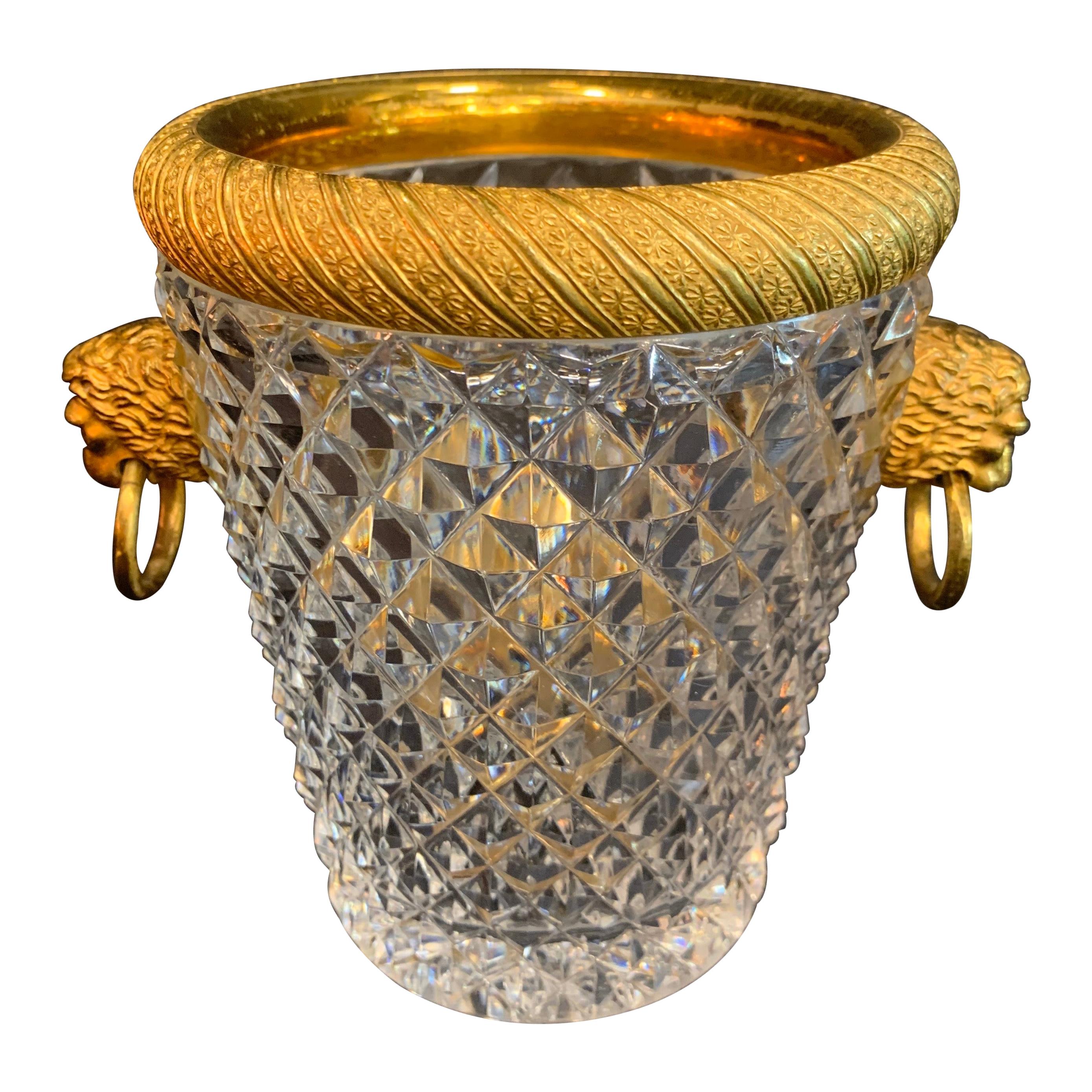 Wonderful Baccarat French Diamond Cut Crystal Bronze Ormolu Ice Bucket Cooler