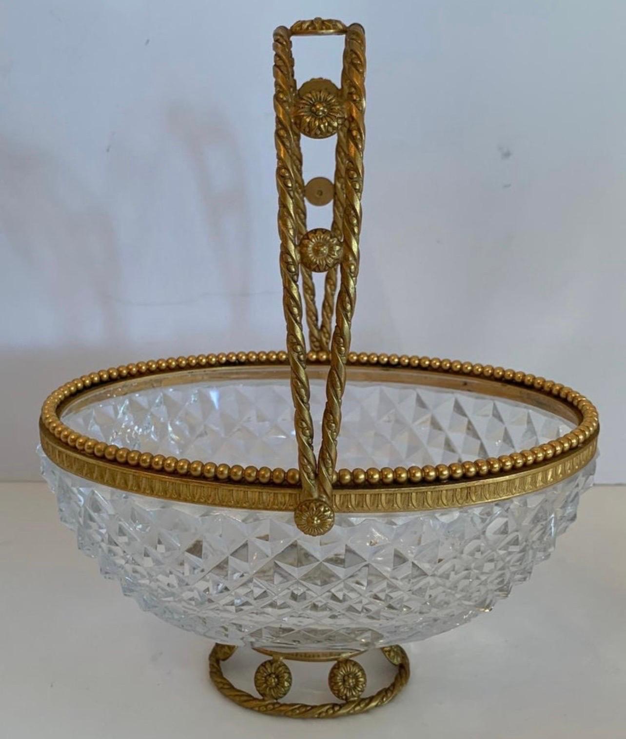 A Wonderful French Gilt Dore Bronze & Diamond Cut Crystal Oval Basket Centerpiece Bowl With Pierced Movable Handle, In The Manner Of Baccarat 