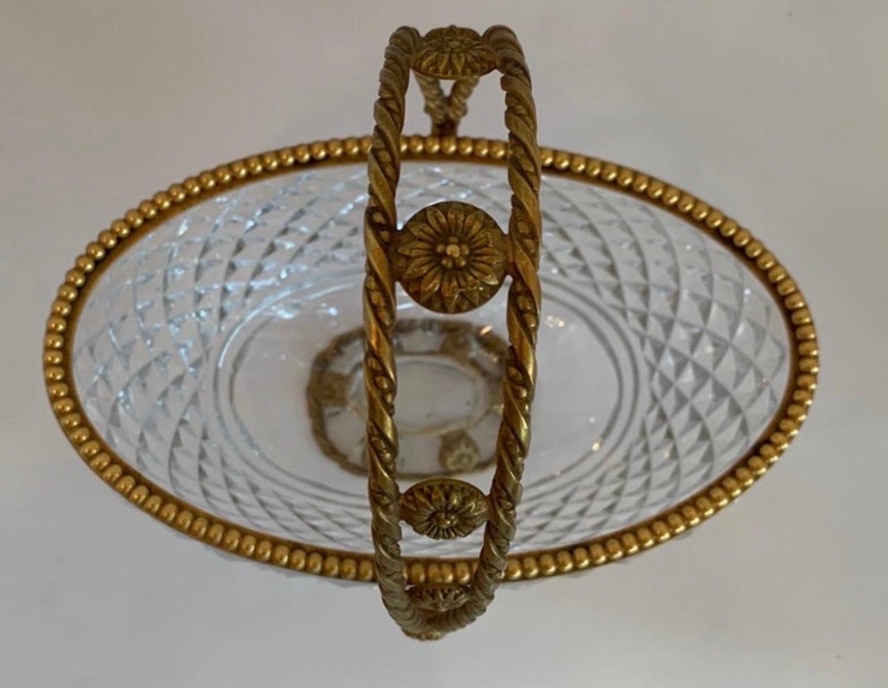 Faceted Wonderful Baccarat French Dore Bronze Cut Crystal Oval Basket Centerpiece Bowl For Sale