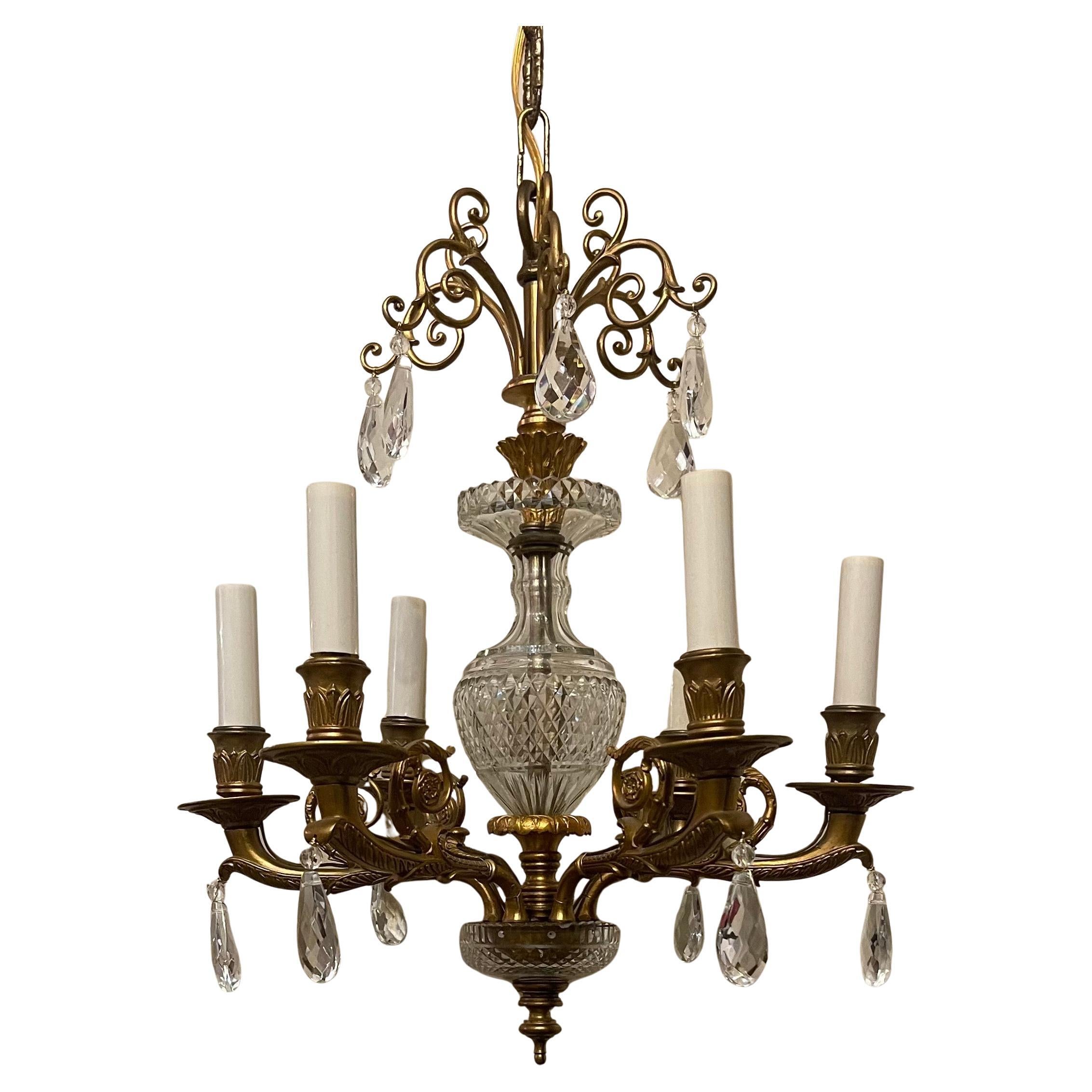 Wonderful Baccarat French Dore Bronze Cut Crystal Petite 6 Light Chandelier