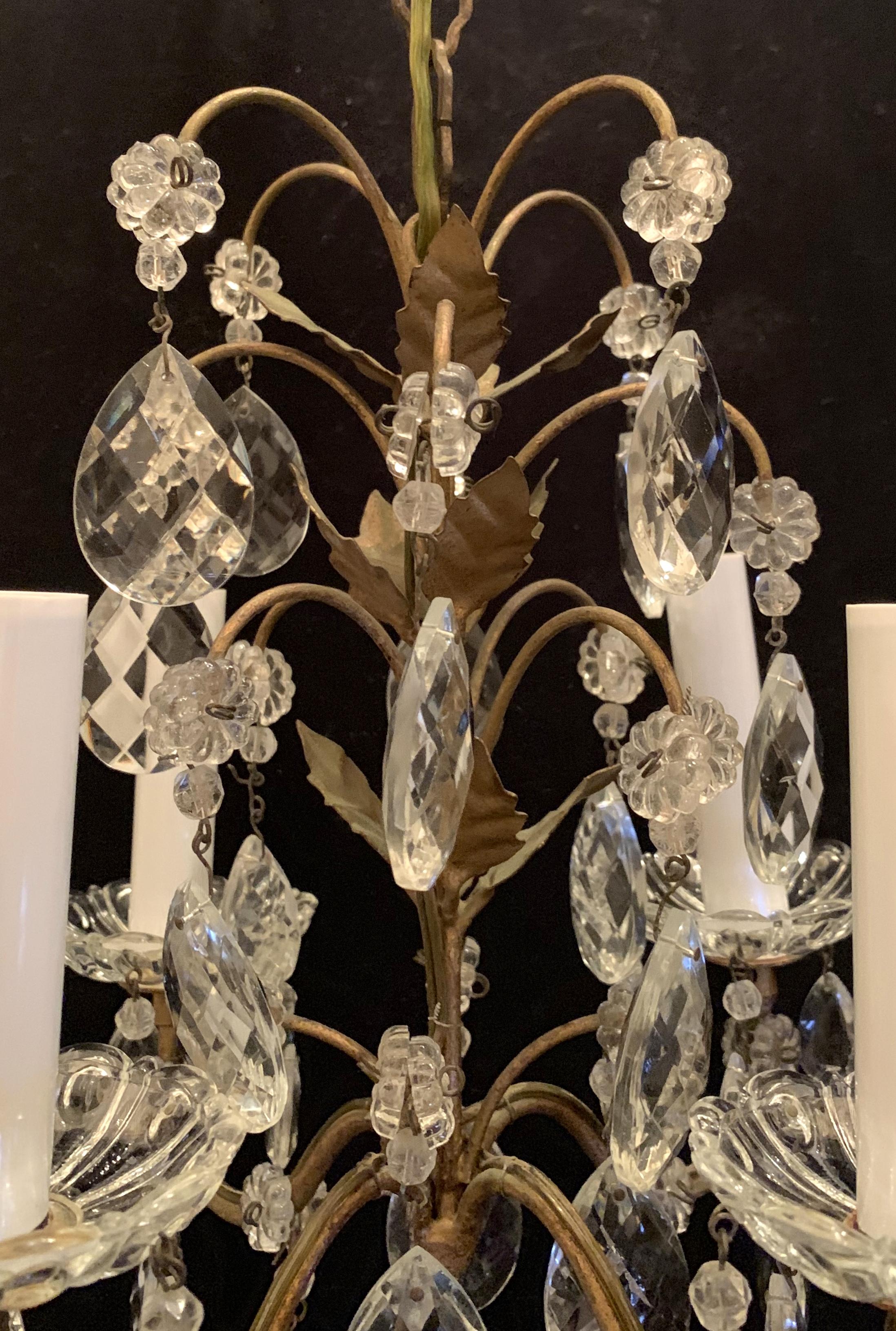 A wonderful Baguès style beaded crystal petite pendant flower leaf chandelier 4 candelabra light fixture that has been completely rewired with new sockets.