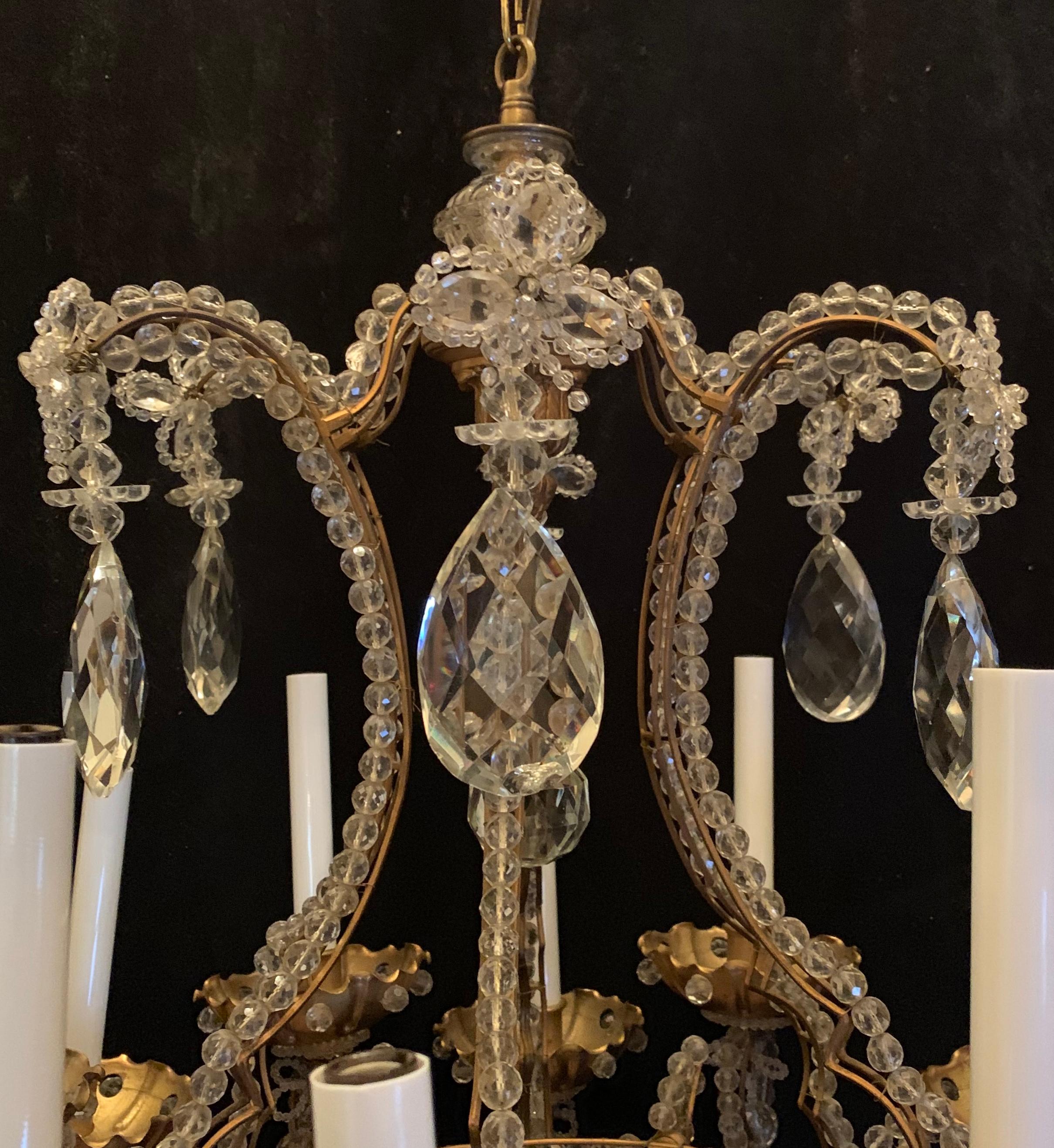 Mid-Century Modern Wonderful Baguès Beaded Italian Bronze Crystal Beaded 12-Light Basket Chandelier For Sale