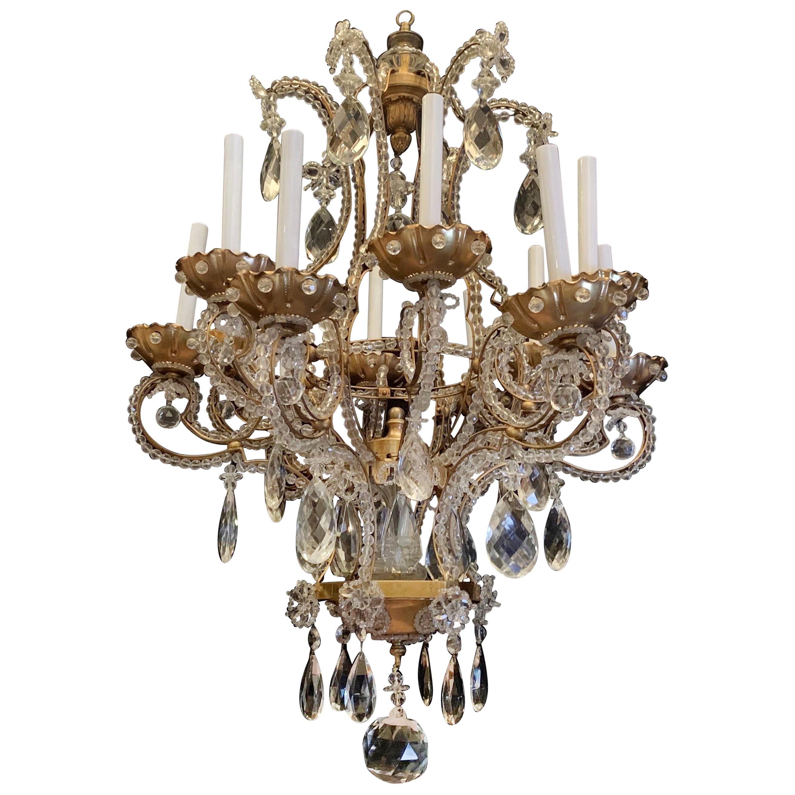 Magnifique lustre corbeille 12 lumières Baguès perlé italien en cristal bronze