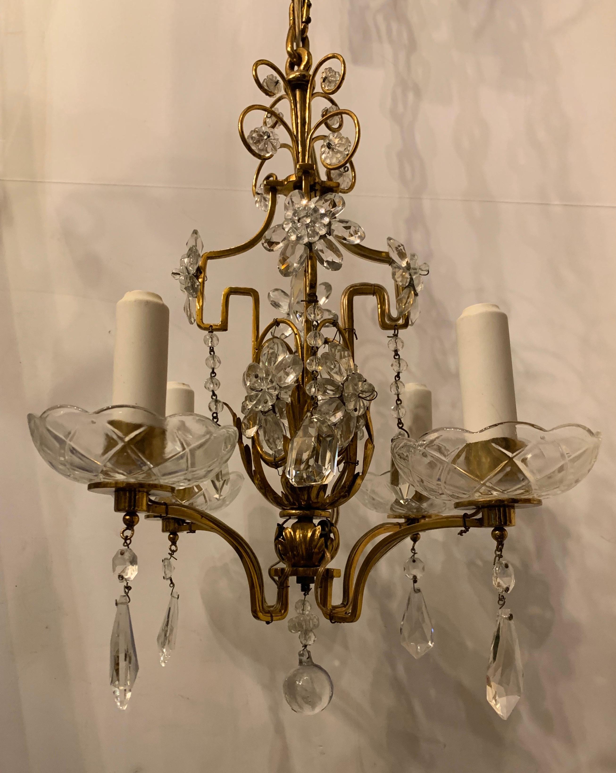 Italian Wonderful Baguès French Brass Crystal Beaded Petite Chandelier Light Fixture