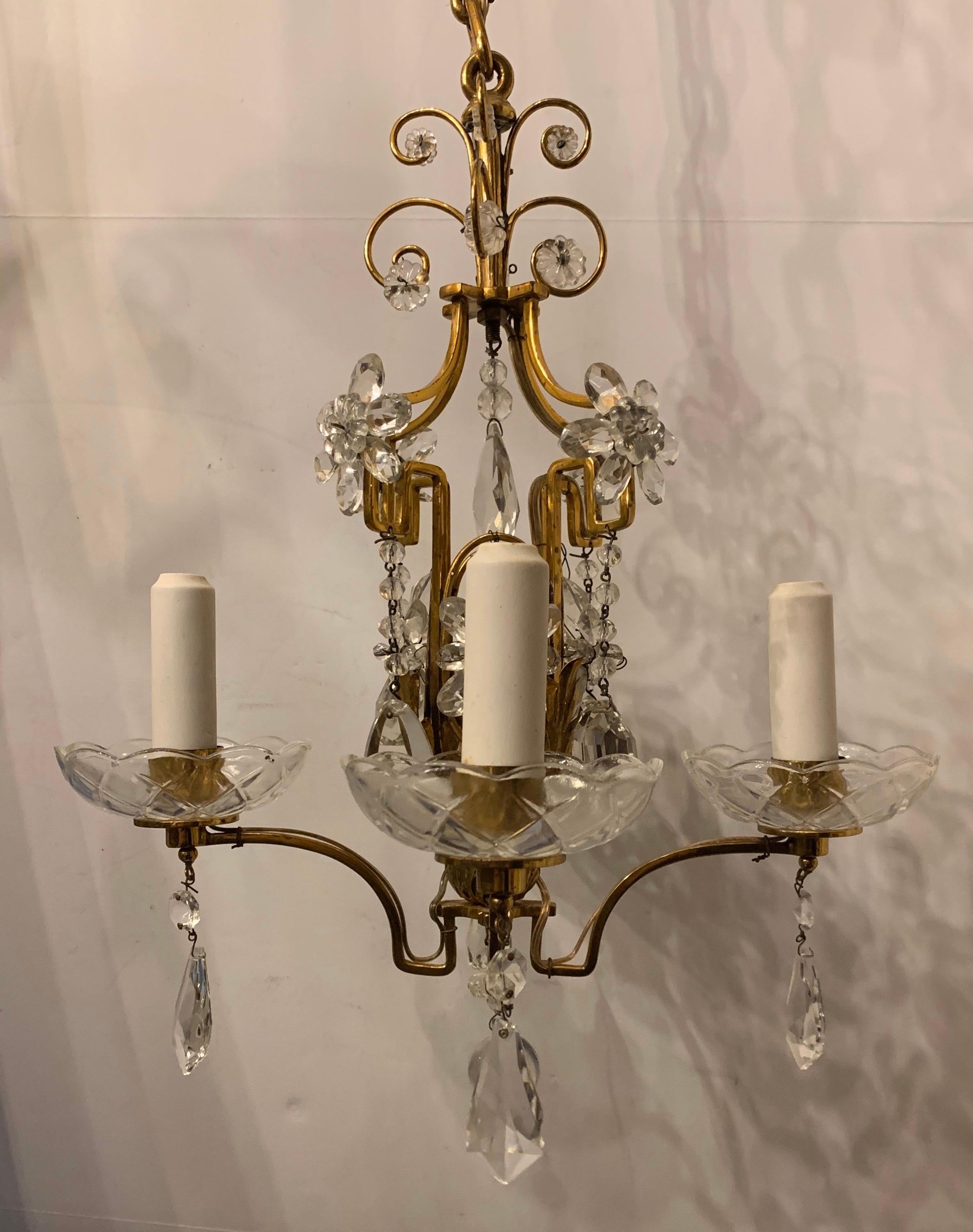 Gilt Wonderful Baguès French Brass Crystal Beaded Petite Chandelier Light Fixture