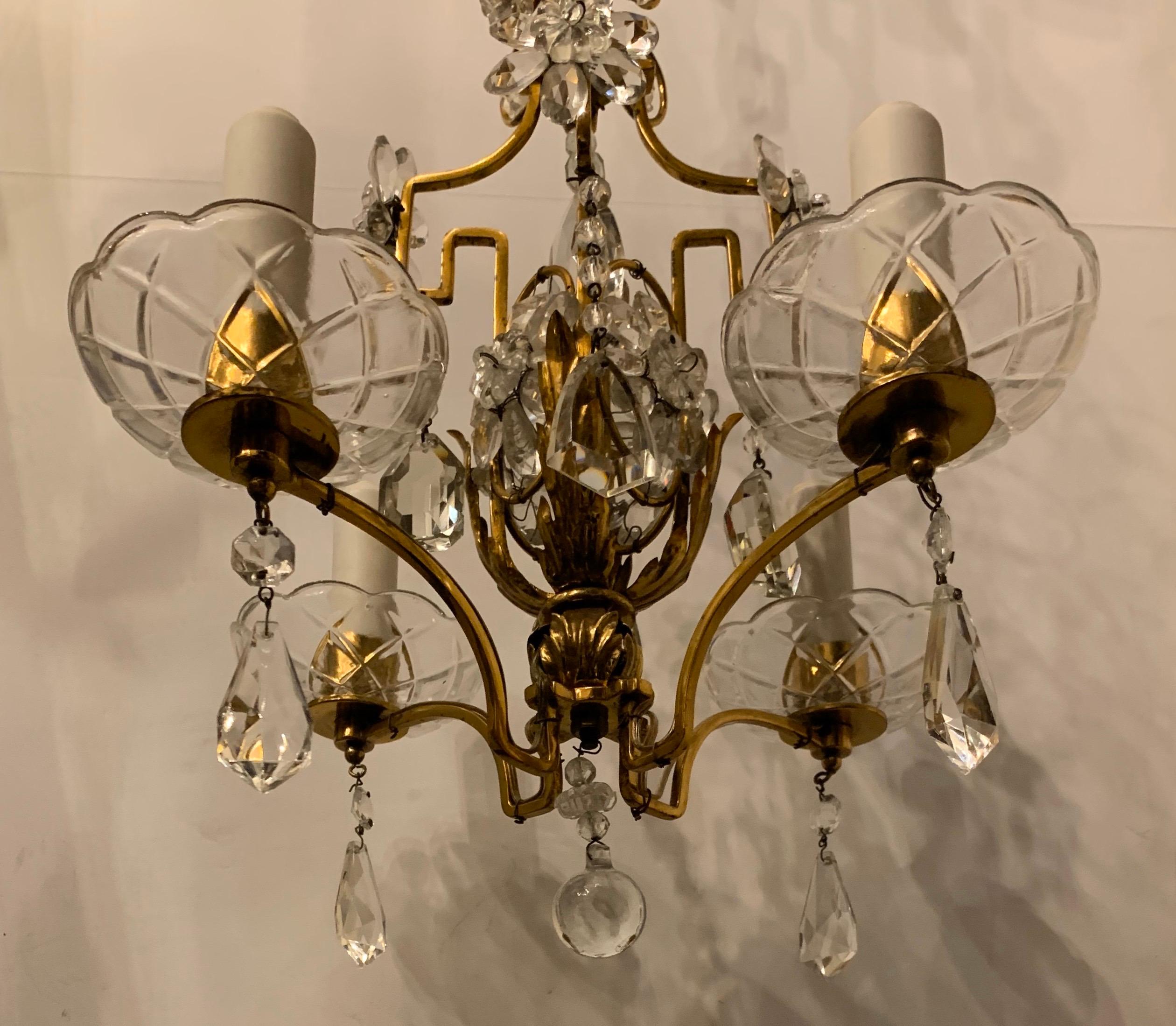 Wonderful Baguès French Brass Crystal Beaded Petite Chandelier Light Fixture In Good Condition In Roslyn, NY