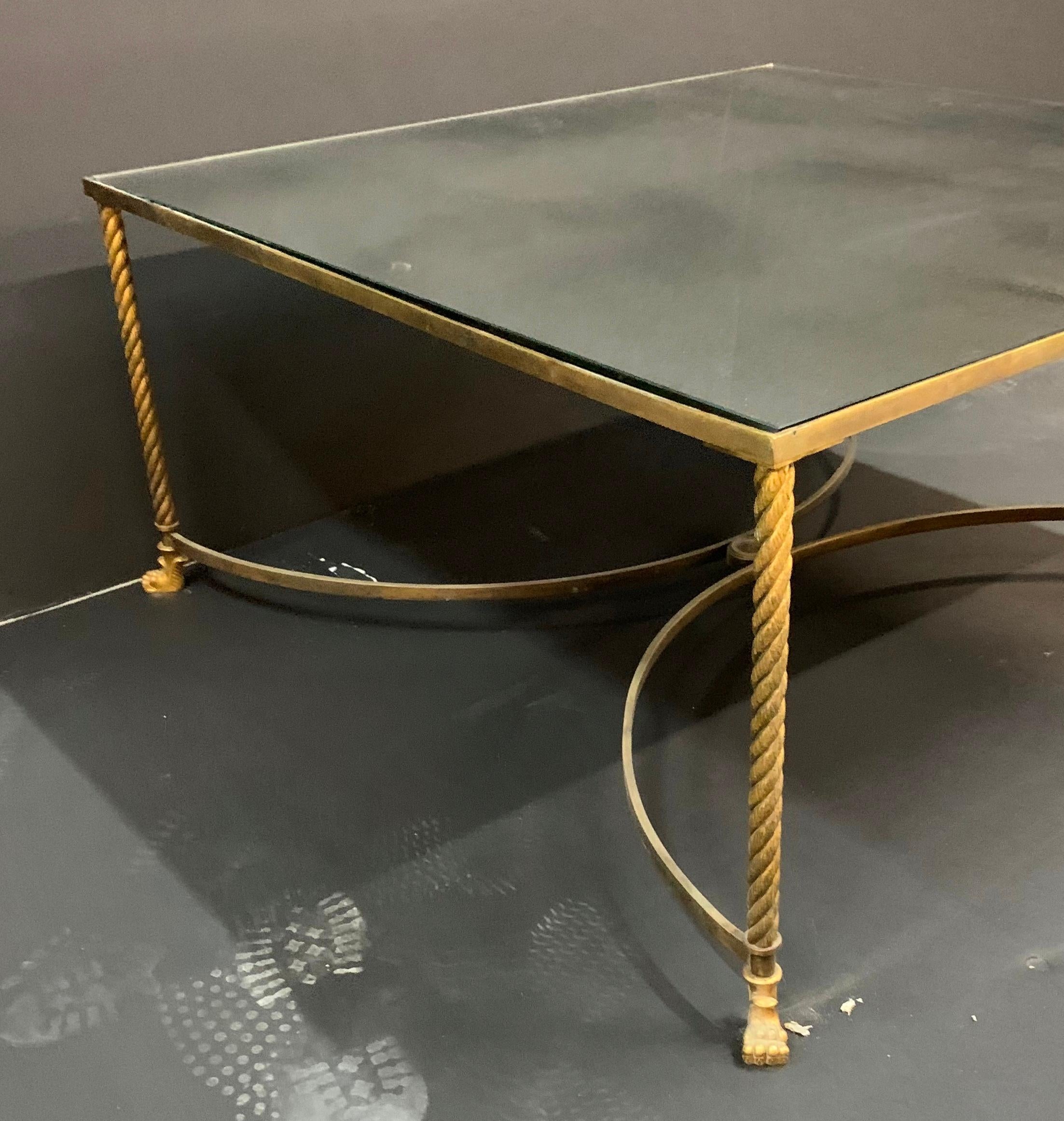 20th Century Wonderful Baguès French Bronze Paw Foot Distressed Mirror Coffee Cocktail Table For Sale