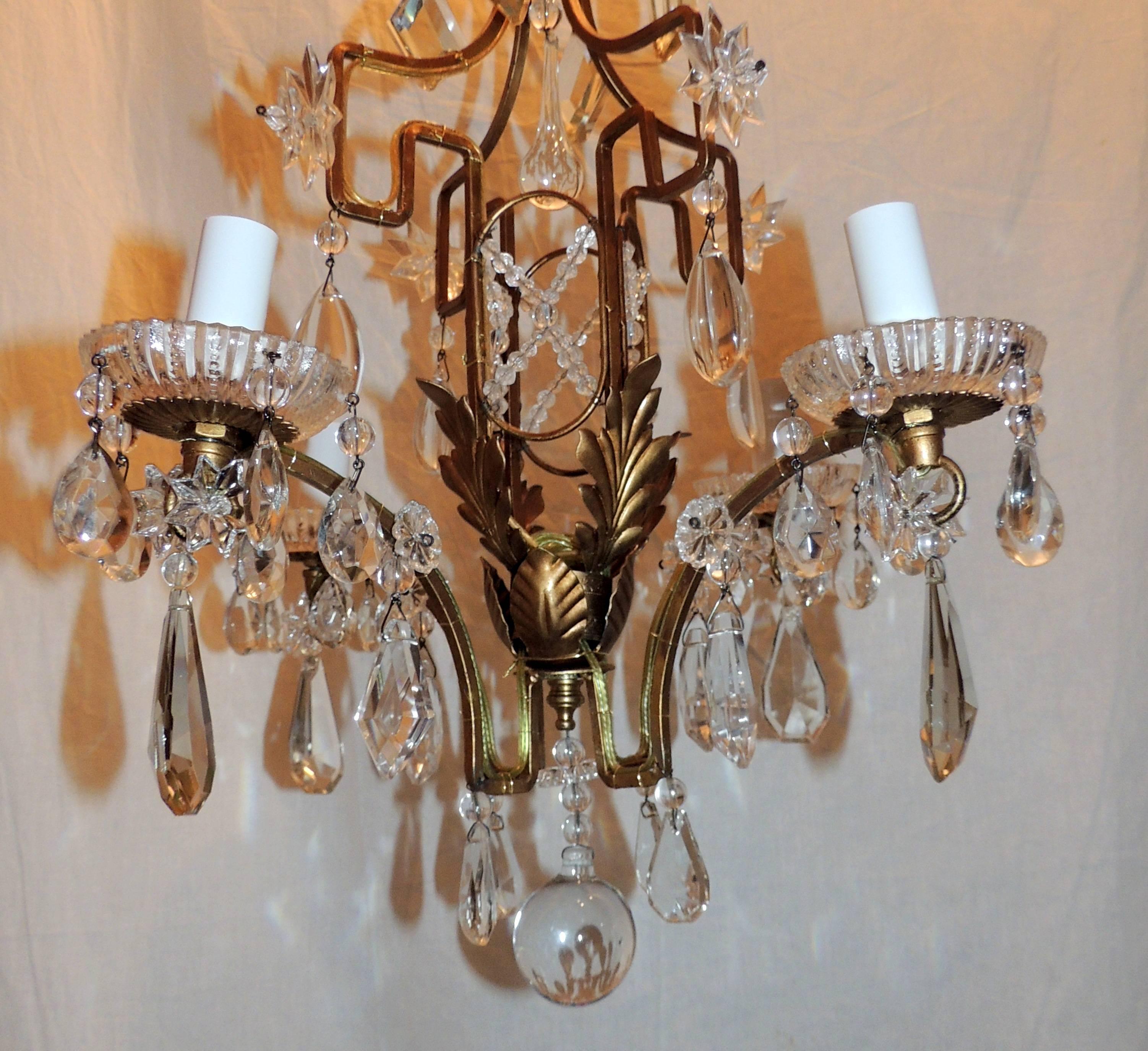 Wonderful Bagues French Gilt Crystal Beaded Petite Chandelier Four-Light Fixture In Good Condition For Sale In Roslyn, NY